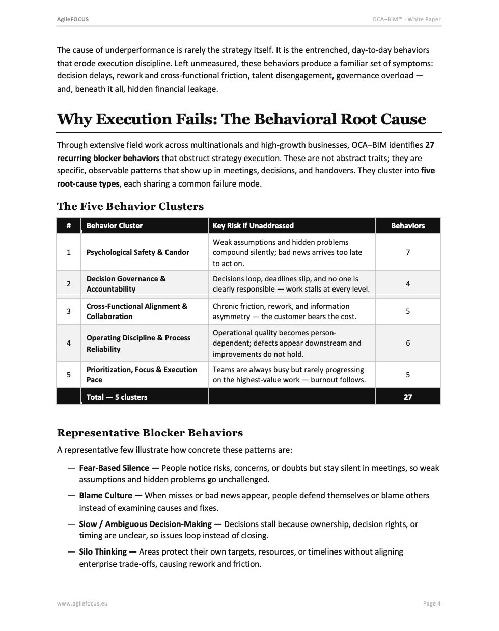 A page from a white paper discussing behavioral root causes of execution failure, including five clusters and representative behaviors.