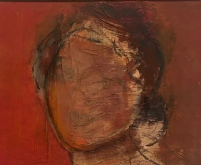 Abstract painting of a human face with visible brush strokes, primarily in shades of brown and reddish tones.