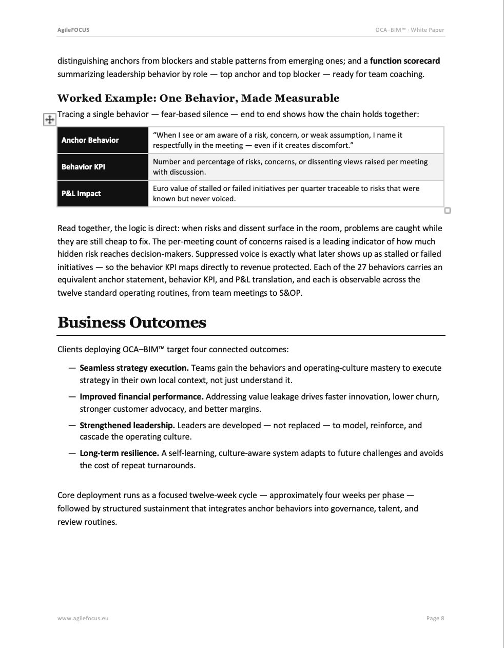 This is a page from a white paper or report, with sections on behavior mapping, leadership, and business outcomes, including a table defining anchor behavior, behavior KPI, and P	extbar L impact.