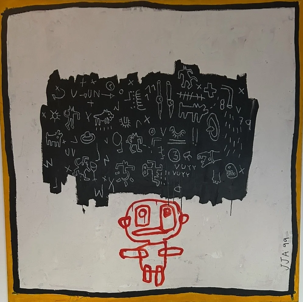 A child's drawing featuring a simple red stick-figure with an oversized head and a black cloud filled with various symbols and doodles above. The drawing is on a white background with a yellow border.