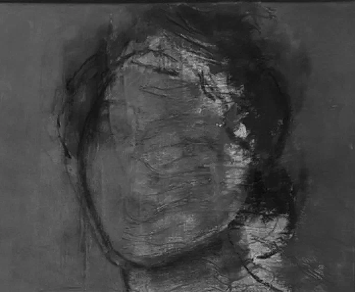Black and white abstract portrait of a person's face with closed eyes and textured brush strokes.