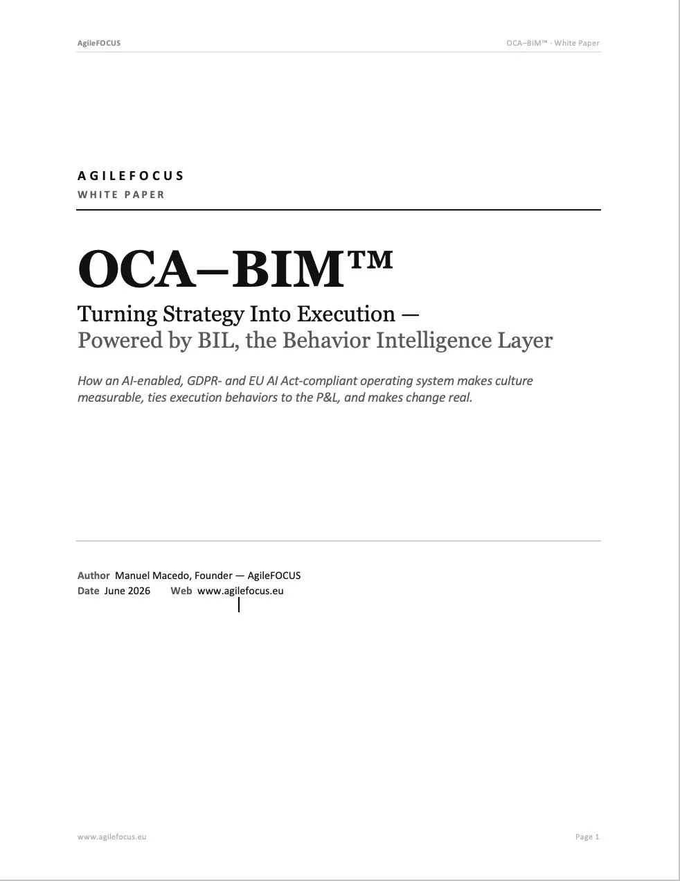 Title page of a white paper document titled "OCA-BIM™ Turning Strategy Into Execution — Powered by BIL, the Behavior Intelligence Layer" by Manuel Macedo, dated June 2026, from AgileFOCUS.