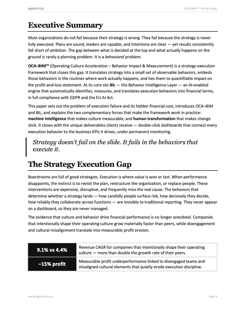 Page from a white paper titled 'AgileFOCUS OCA-BIM White Paper' with sections labeled 'Executive Summary' and 'The Strategy Execution Gap'. Contains black and gray text, with a black box highlighting statistics about revenue and profit.