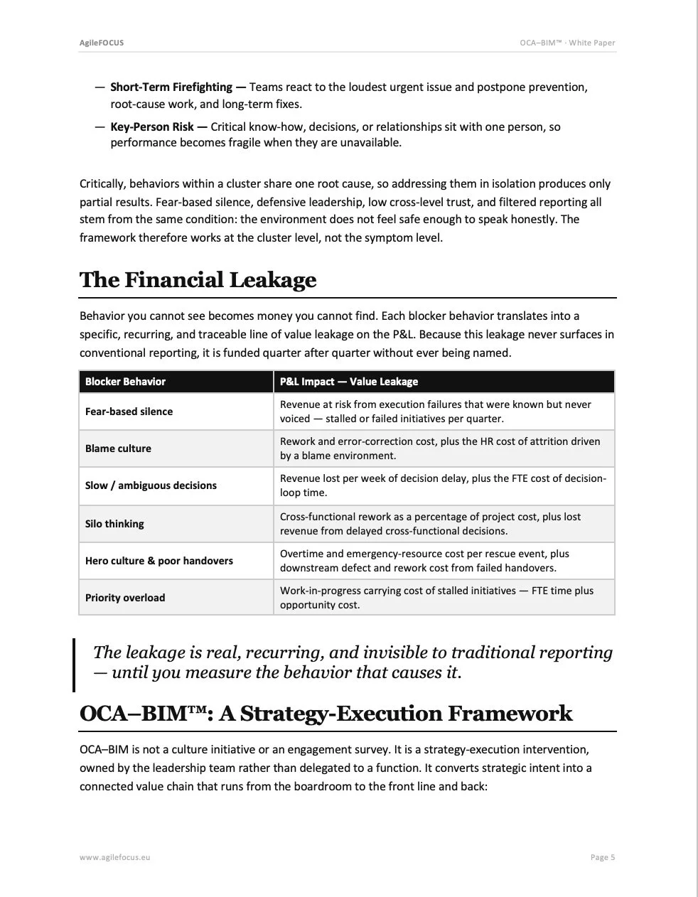 A white paper page discussing Agile focus, short-term firefighting, key-person risk, and financial leakage in organizations, including a table on behaviors and their impact on value leakage.