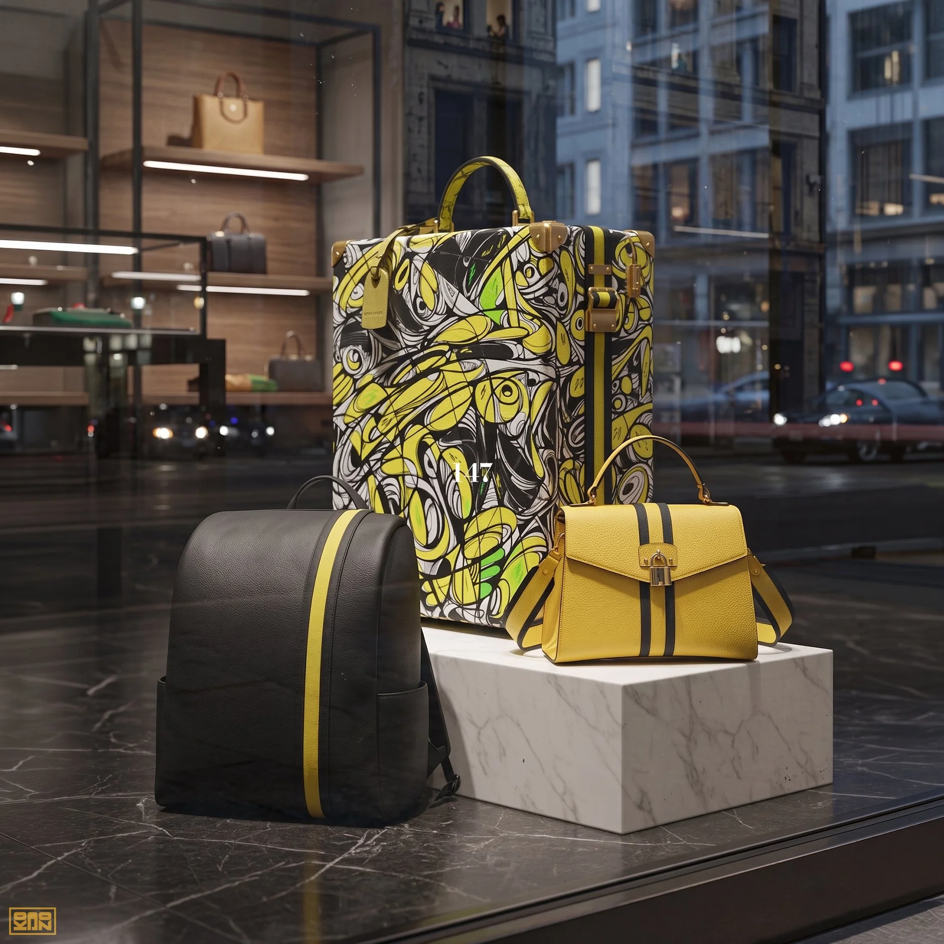 Display of luxury handbags and luggage inside a store window, with a city street and tall building reflections visible through the glass.