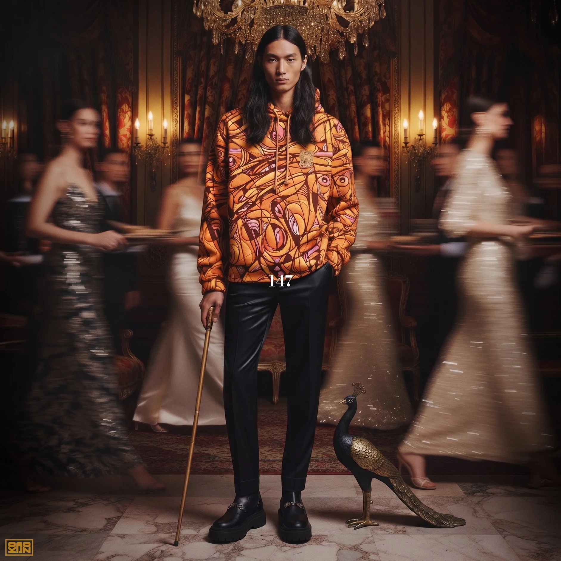 A young man with long black hair standing in a richly decorated room, wearing a colorful hoodie with an abstract pattern, black leather pants, and black boots, holding a gold cane. Behind him is a chandelier, and blurred women in evening dresses are 