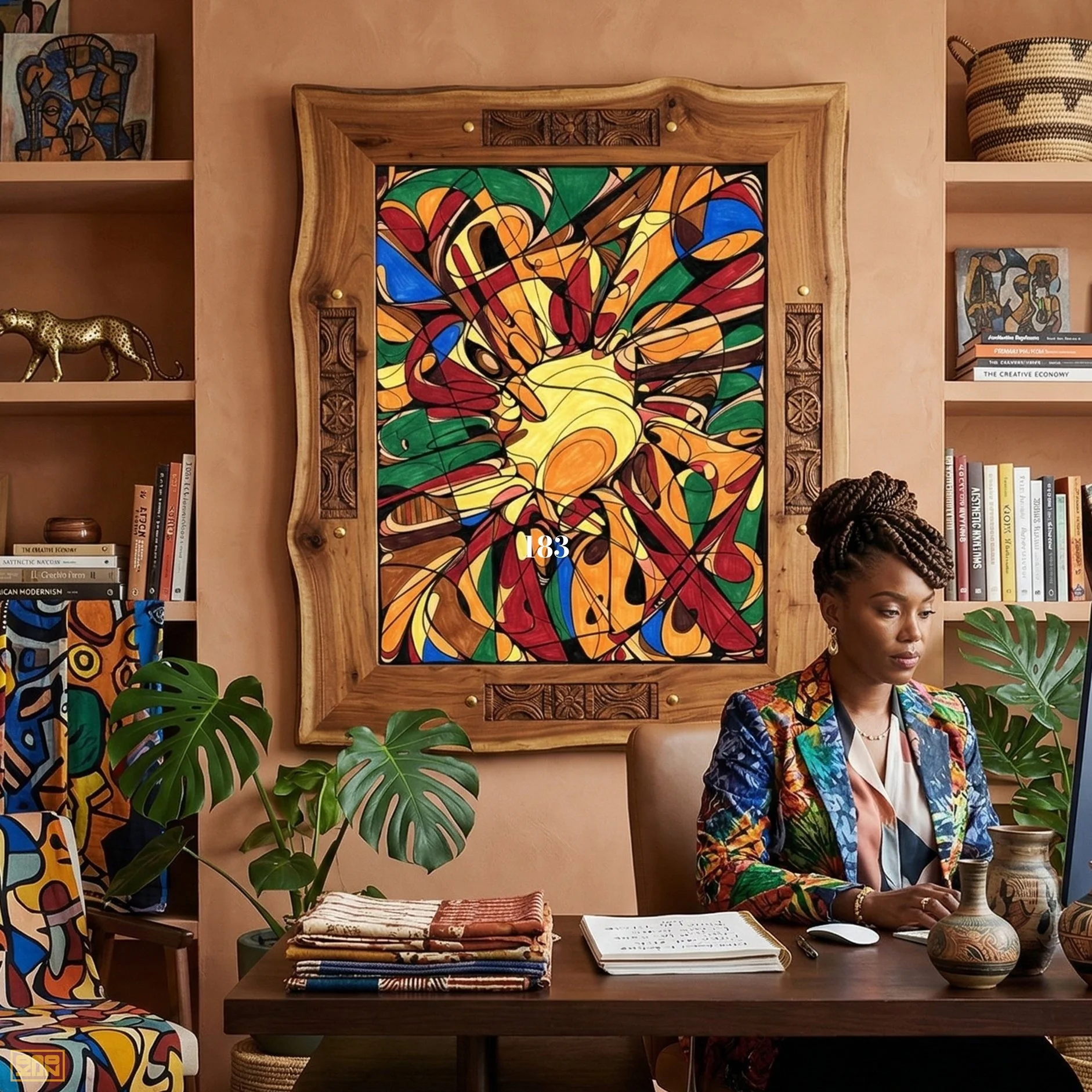 A woman with braided hair and earrings sitting at a wooden table with a stack of fabric, a notebook, and a decorative bottle, in a room with colorful abstract artwork, books, and plants.