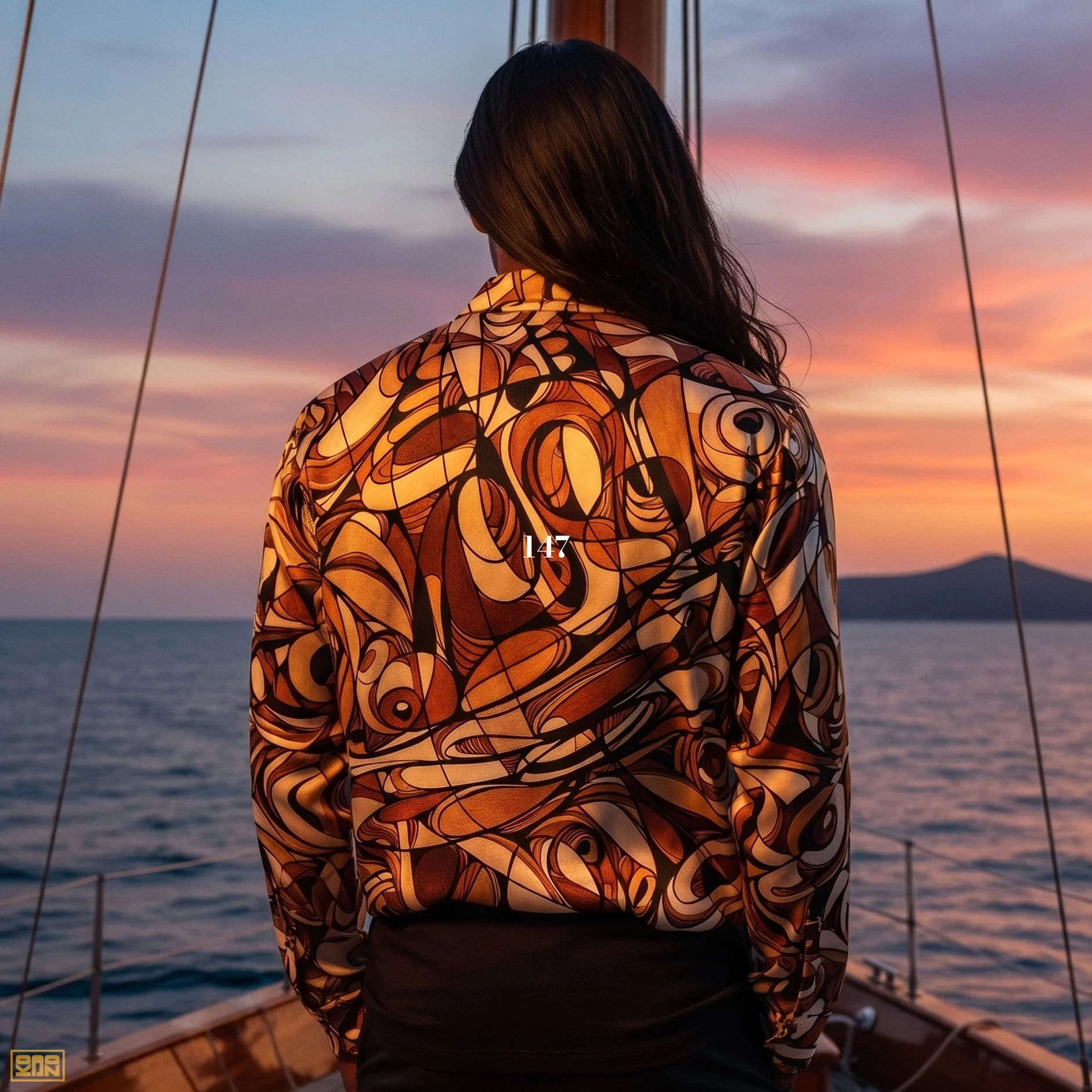 A woman with long dark hair stands on a boat during sunset, wearing a patterned jacket with swirling black, tan, and cream designs, facing away toward the water and colorful sky.