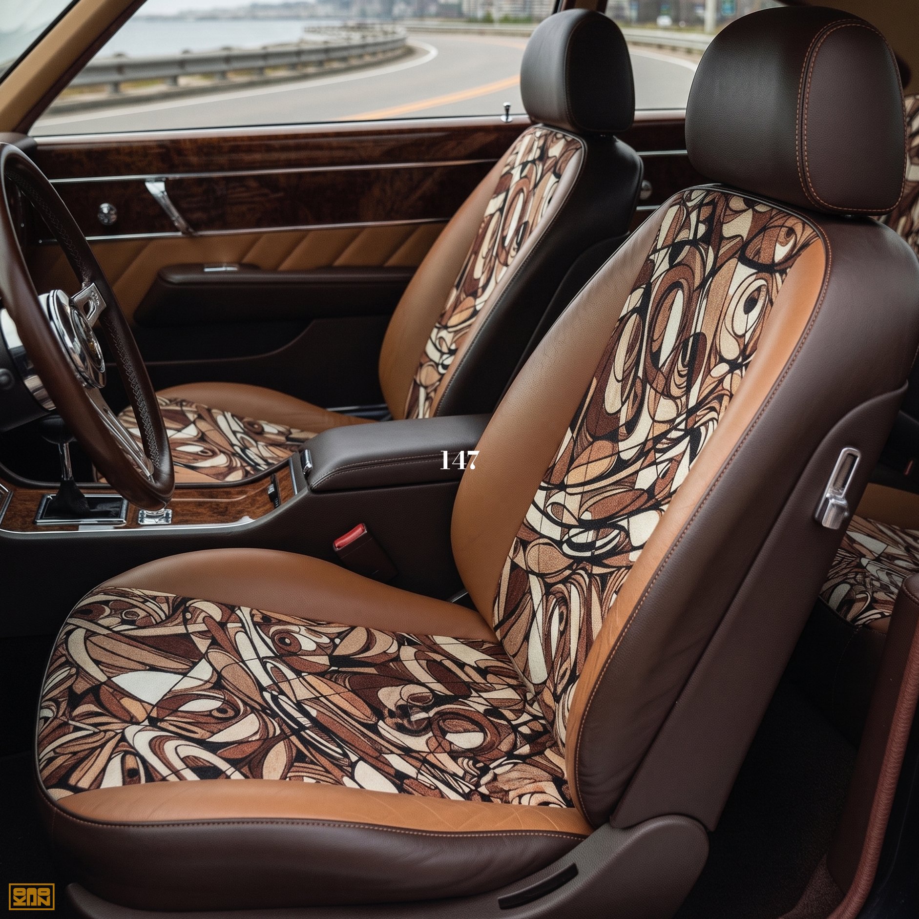 Inside view of a vintage car with patterned fabric seats and wood paneling on the door, driving on a road curved along a body of water.