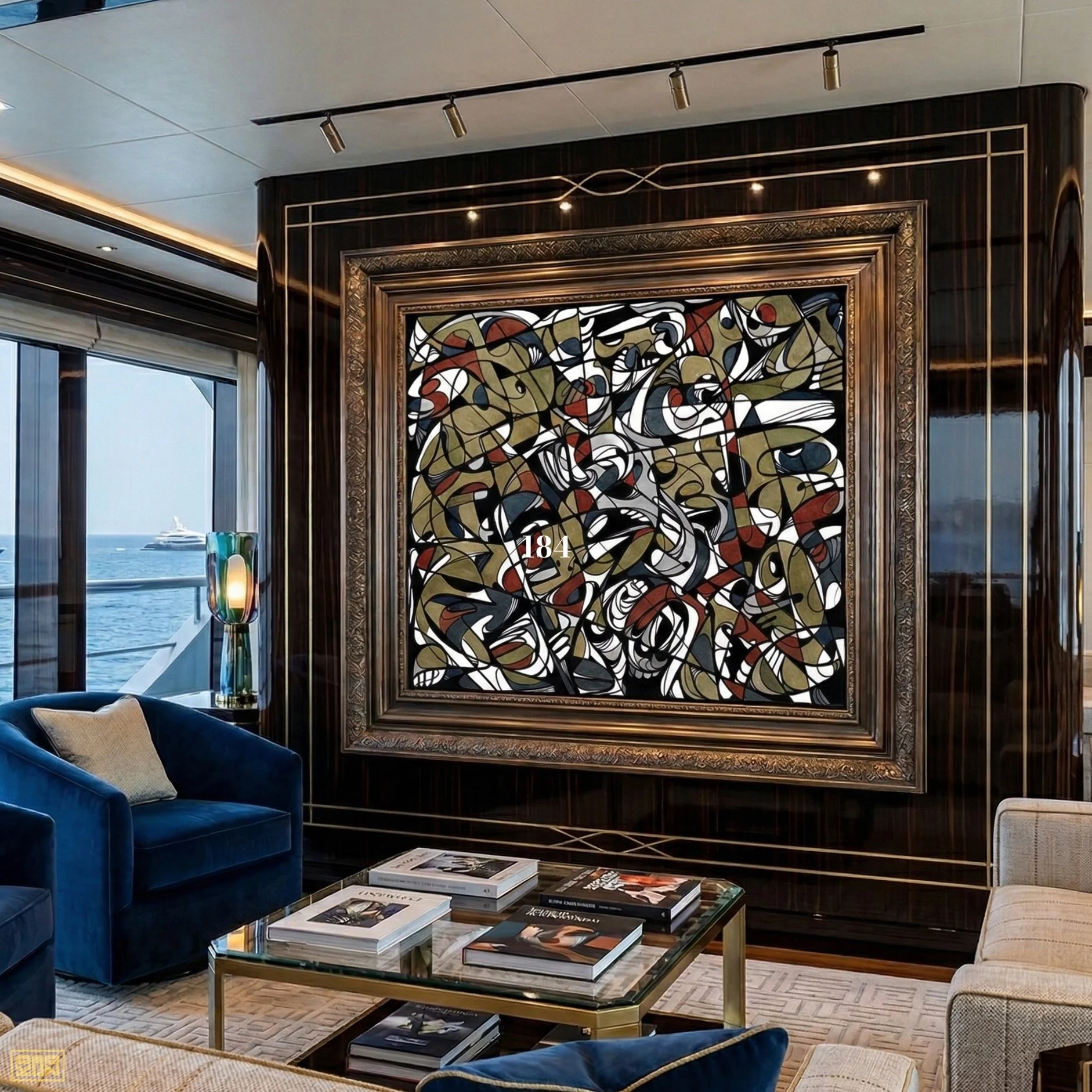 Interior view of a modern living room with a black and gold framed abstract art piece on a dark wood-paneled wall, blue velvet sofa, glass coffee table with magazines, and view of a yacht outside through sliding glass doors.