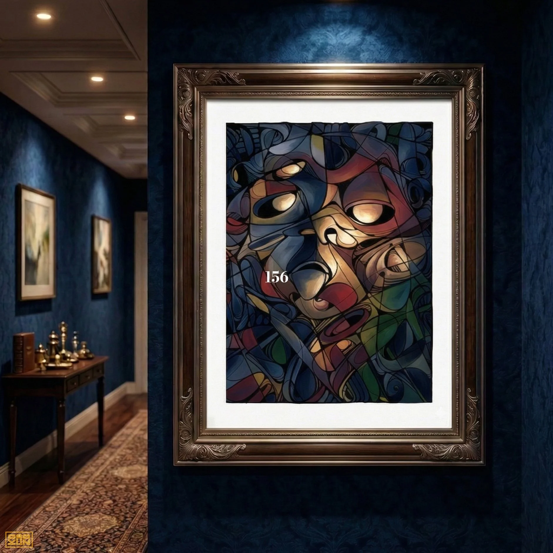 Abstract colorful painting displayed in an ornate frame on a dark blue textured wall at an art gallery.