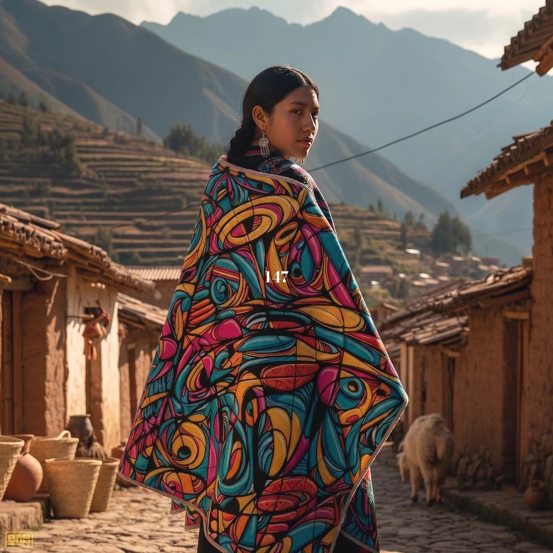 A young woman with dark hair in a braid wearing a colorful, abstract patterned shawl, standing in a village with terraced hills, traditional clay houses, and pottery in the background.