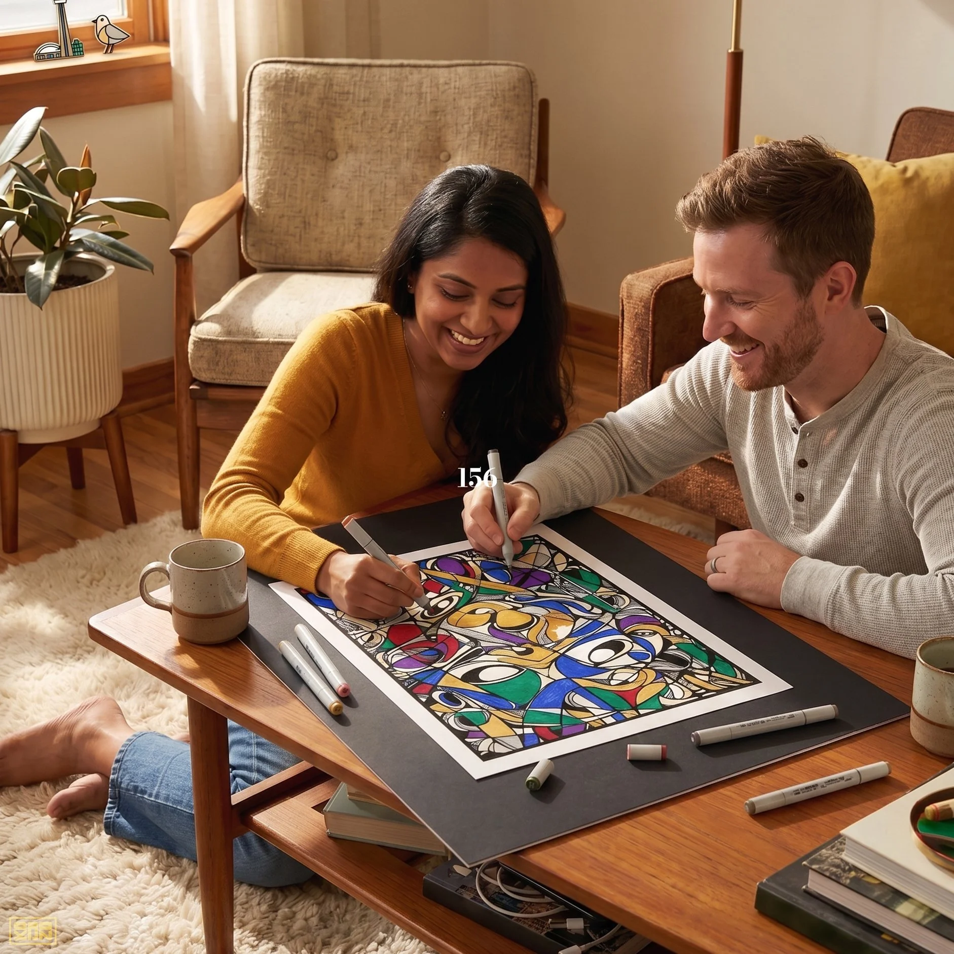 Two people, a woman in a mustard yellow sweater and a man with a beard in a light gray shirt, are sitting at a low wooden table drawing together. The woman is smiling and holding a marker, while the man is also smiling and holding a marker. There is a colorful abstract drawing on the table. The table also has several markers, a ceramic mug, and some books. The scene is indoors in a cozy, well-lit room with a plant in a white ribbed pot and vintage chairs.