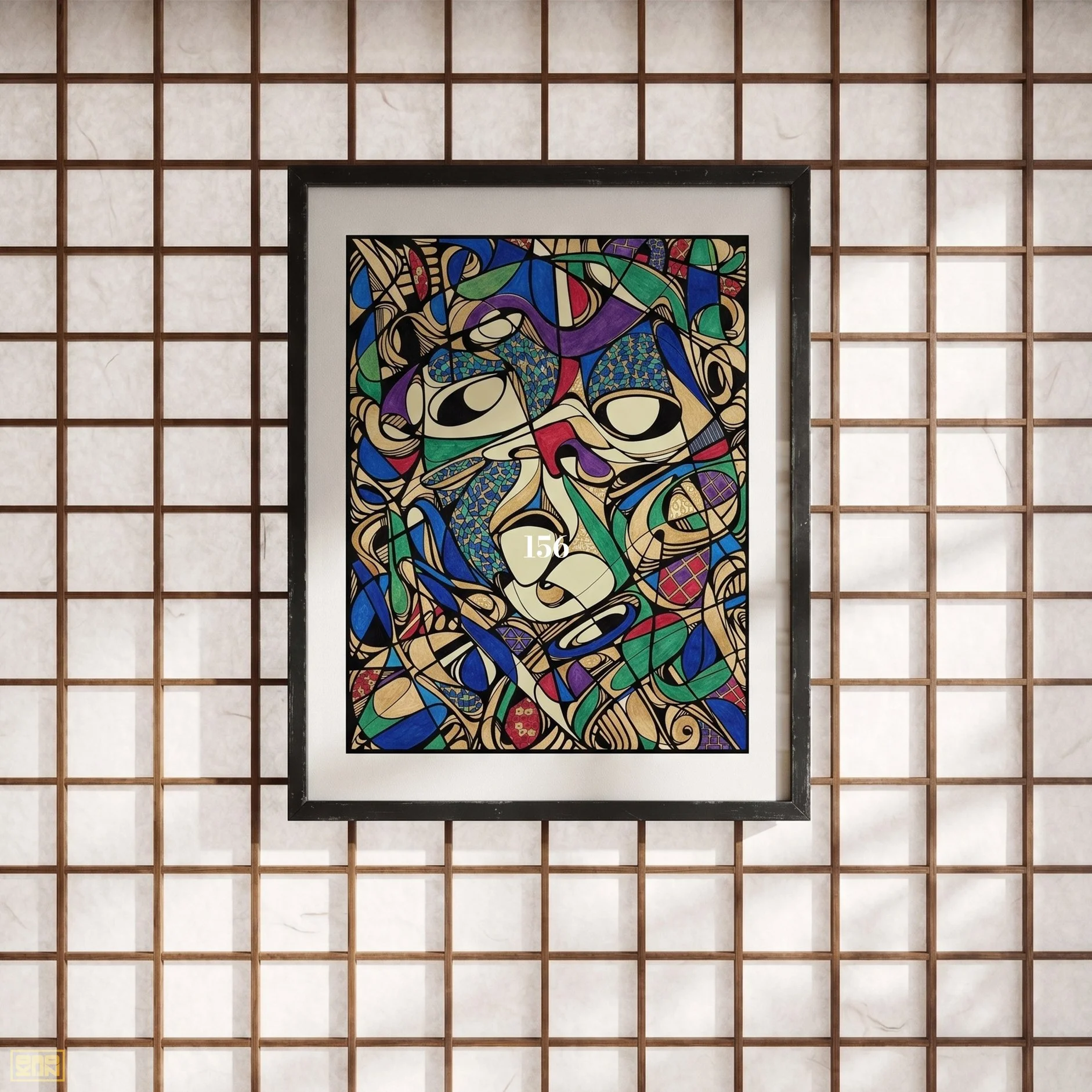 Colorful abstract artwork in a black frame hanging on a wall with a grid wooden pattern.