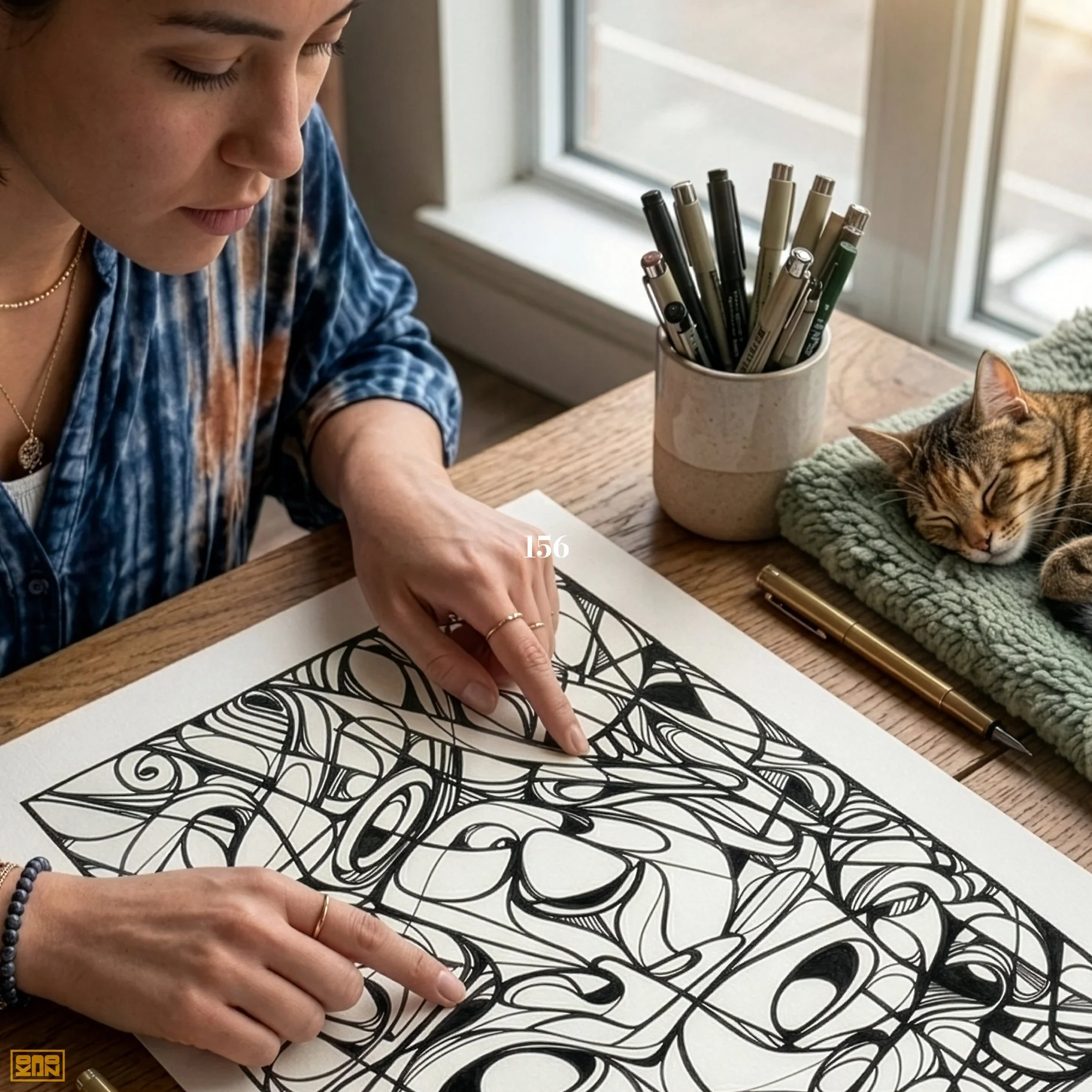 A woman with long brown hair and wearing a blue and orange tie-dye shirt is drawing intricate black and white abstract art on paper. She is leaning over the table with her finger pointing to a detail in her artwork. On the table, there is a golden pen, a container with various black, white, and green pens and markers, and a blanket with a cat resting on it near the artwork. The scene is near a window letting natural light into the room.