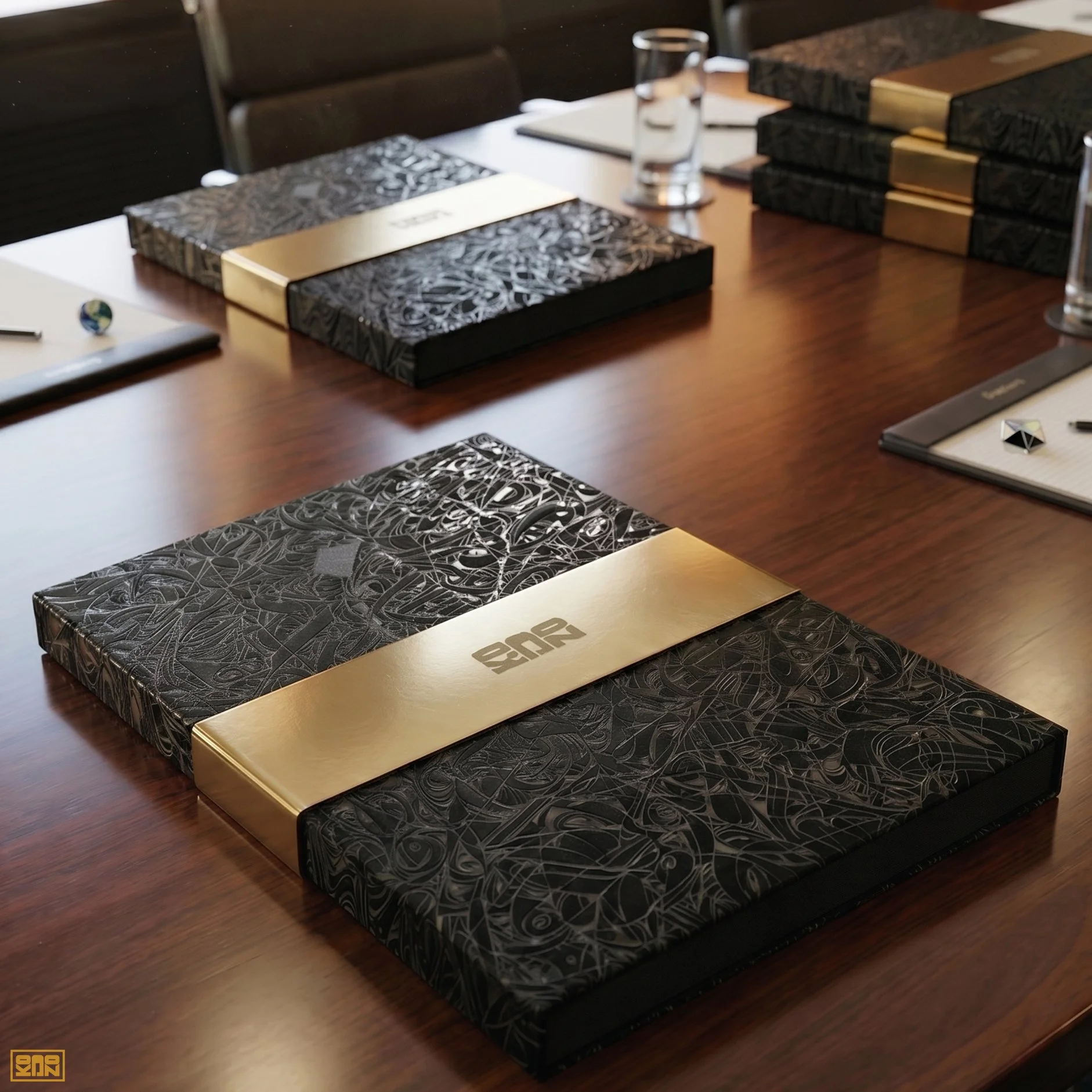 Several black and gold decorated boxes or books are arranged on a wooden table in a conference room. There are glasses of water, notebooks, and a laptop on the table.