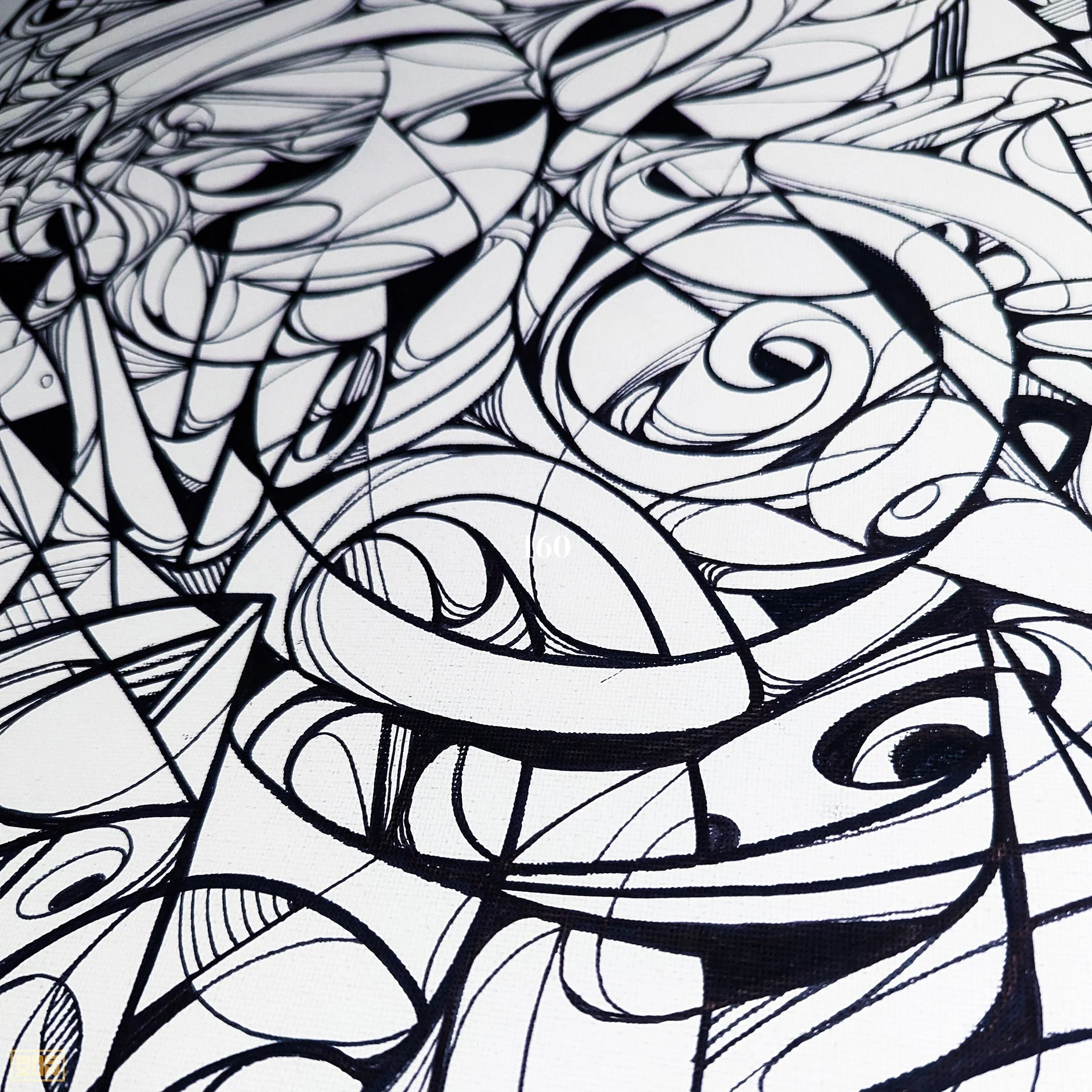 Close-up of black abstract swirling lines on a white background, creating organic shapes and patterns.