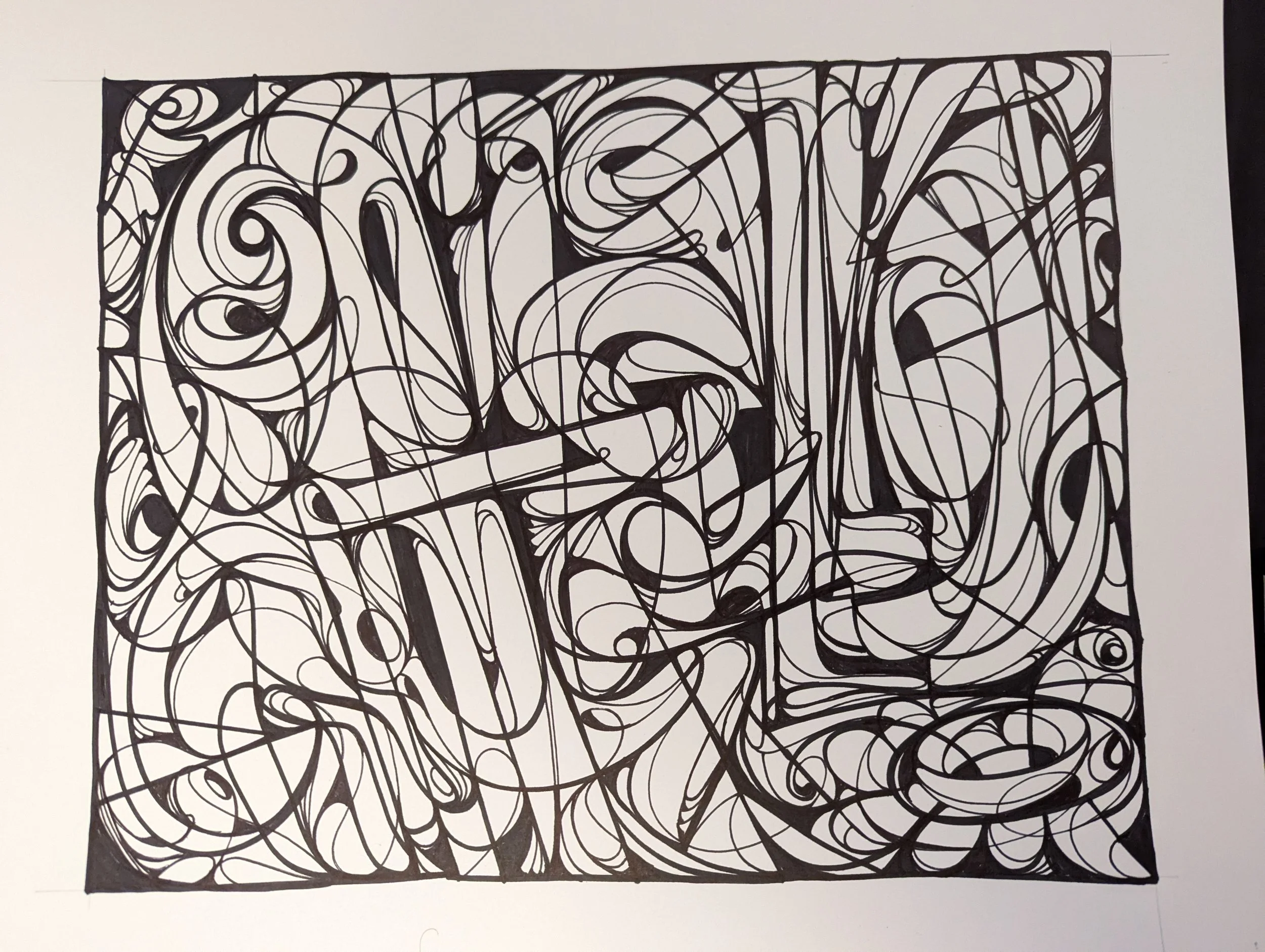 Black ink abstract scribble drawing with chaotic overlapping lines on a white background.