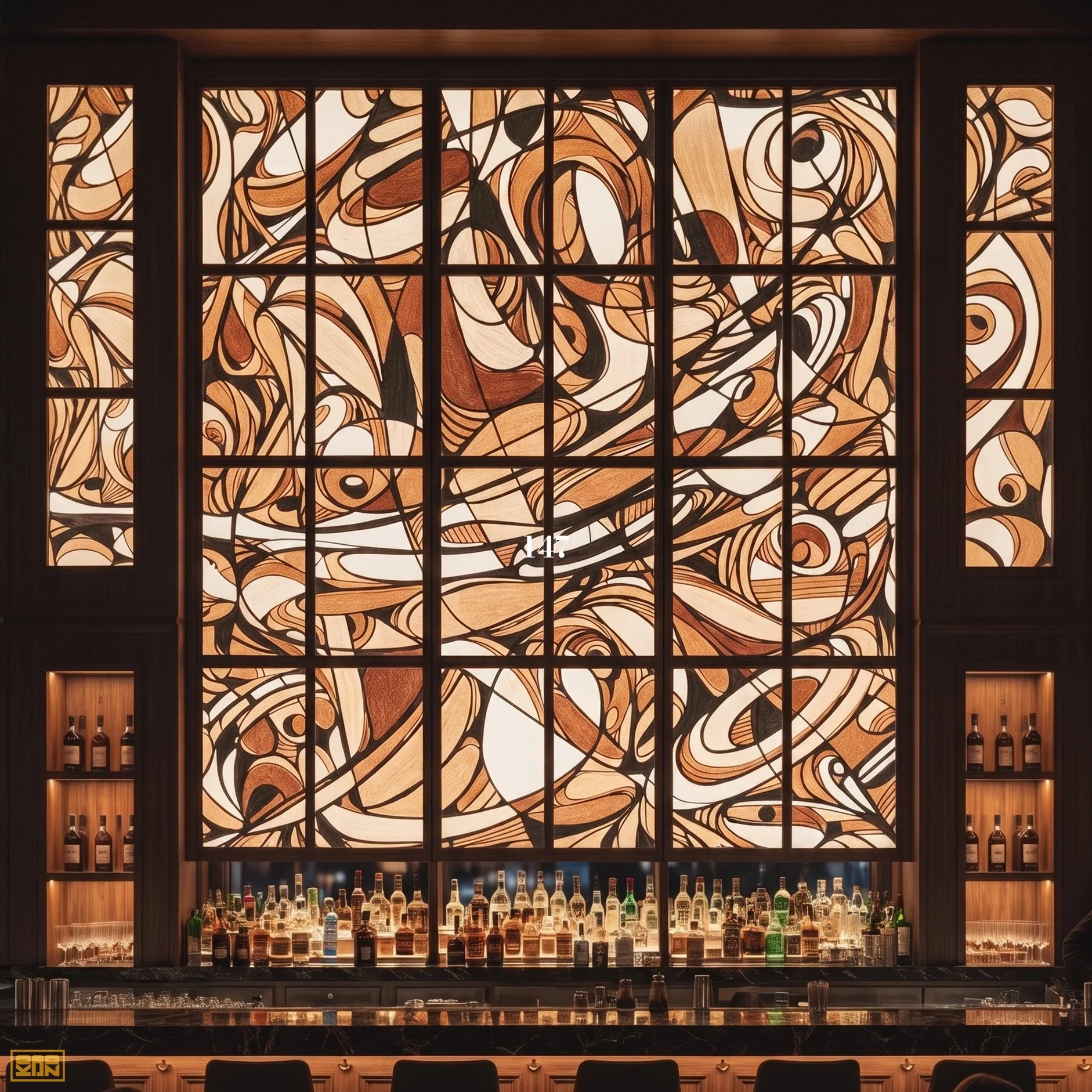 Backlit whiskey bar with a large abstract art piece made of swirling lines in shades of brown, black, and white. The bar has shelves with bottles and a row of glasses in front.