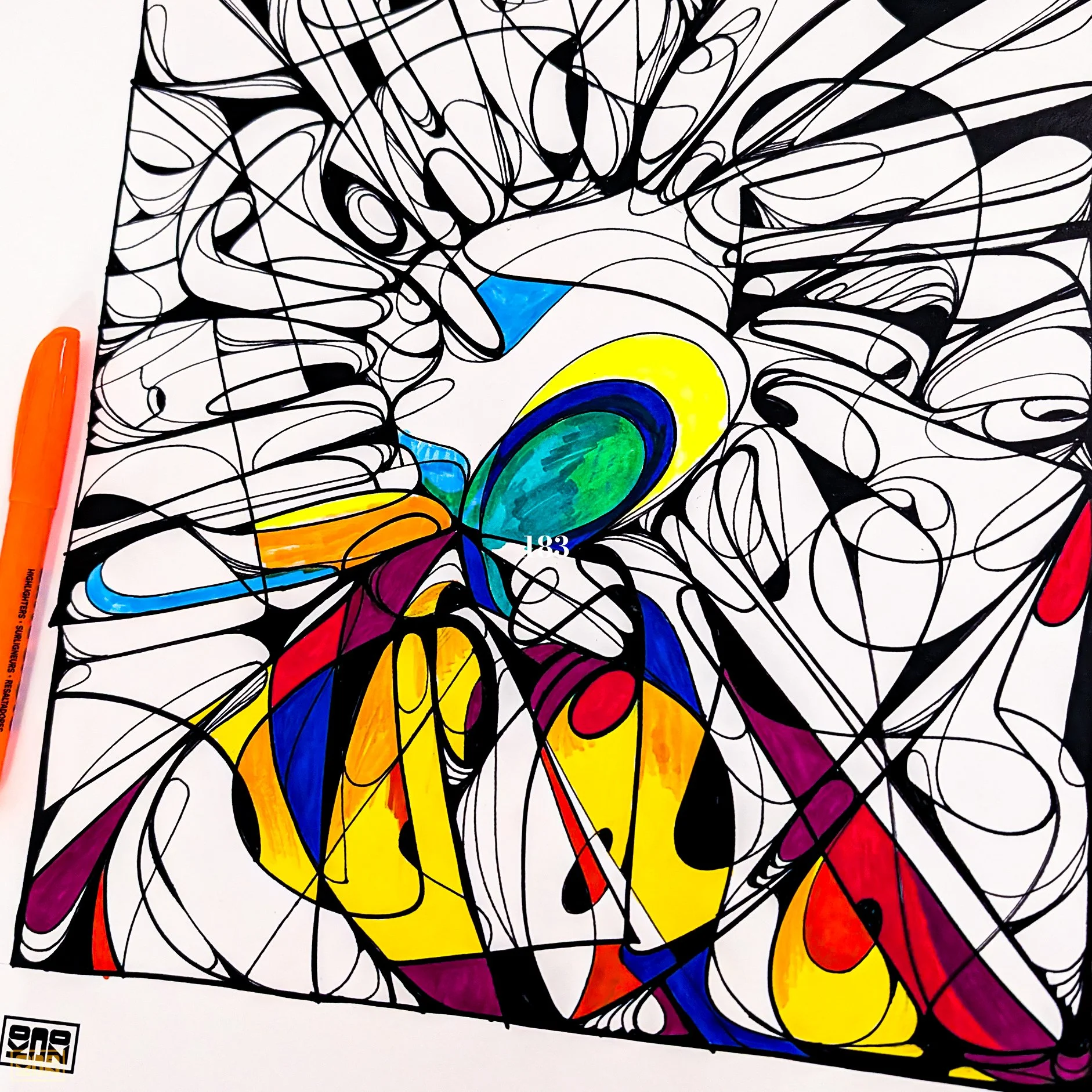 Black and white abstract line art with colorful shapes, including yellow, red, blue, green, and purple, drawn on paper with markers.
