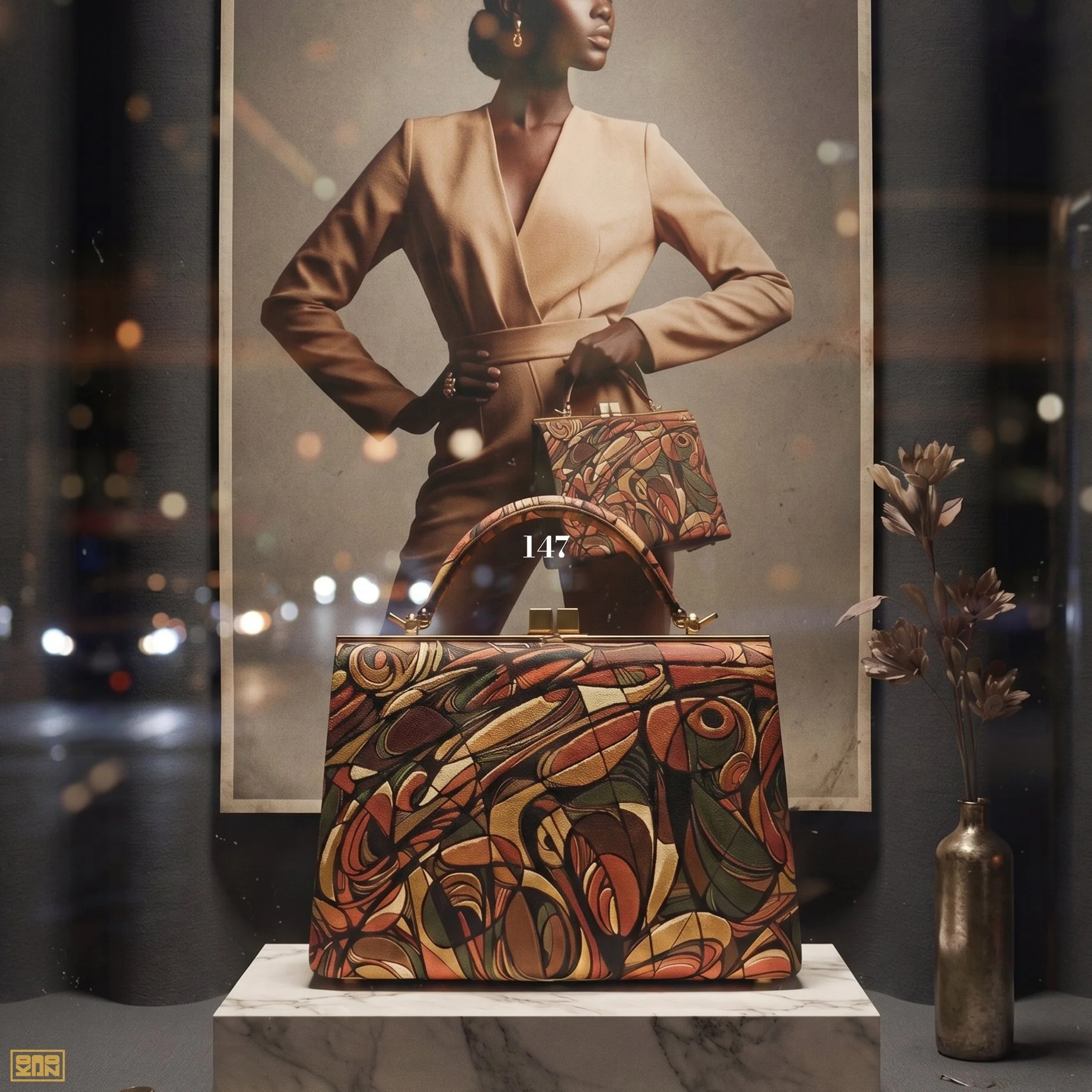 A photograph of a fashion display featuring a woman in a beige blazer and patterned skirt holding a matching handbag, with reflection lights and a vase with flowers on the sides.