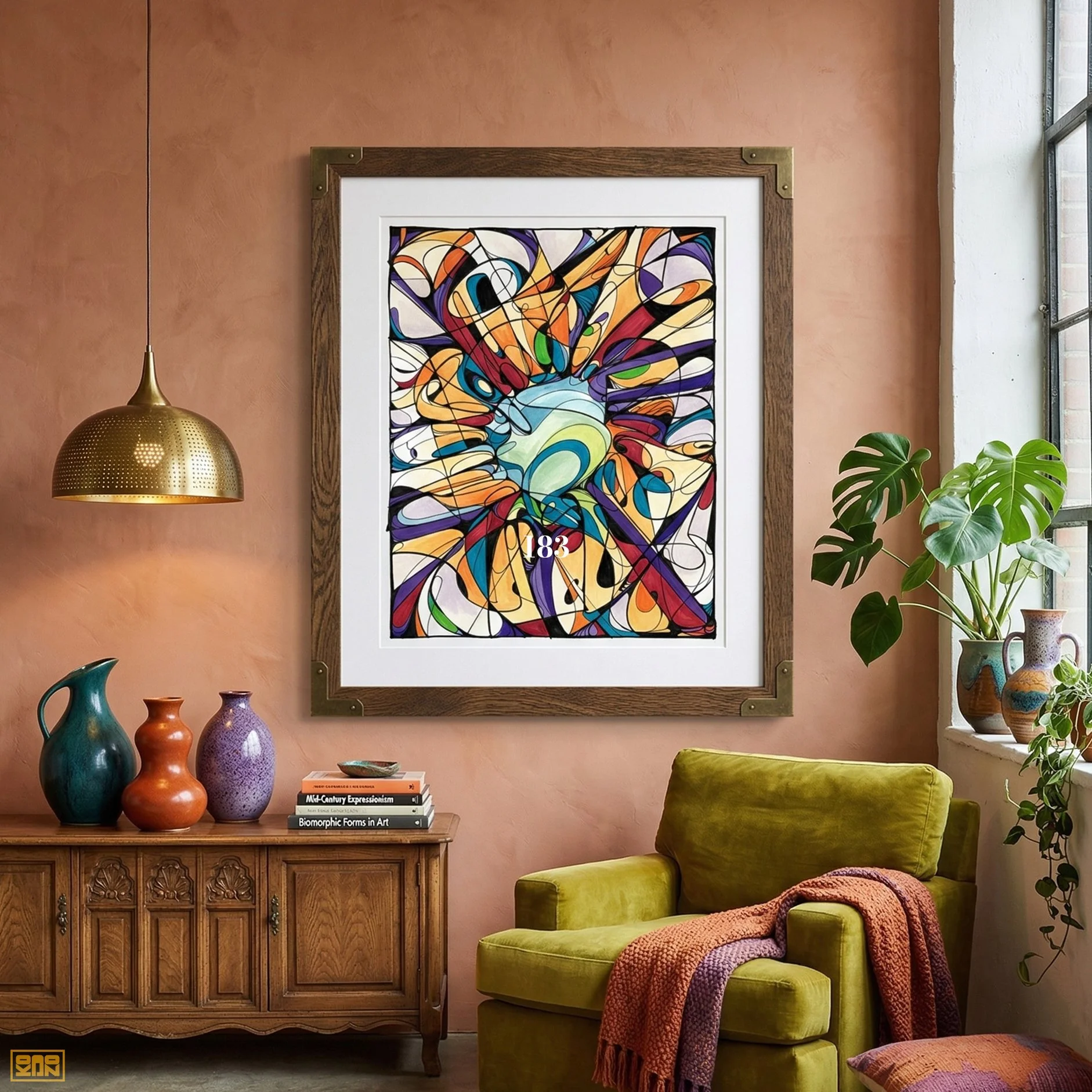 Interior of a room with a wooden sideboard, colorful vases, a stack of books, an abstract artwork on the wall, a green armchair with a pink and purple blanket, and a window with potted plants outside.