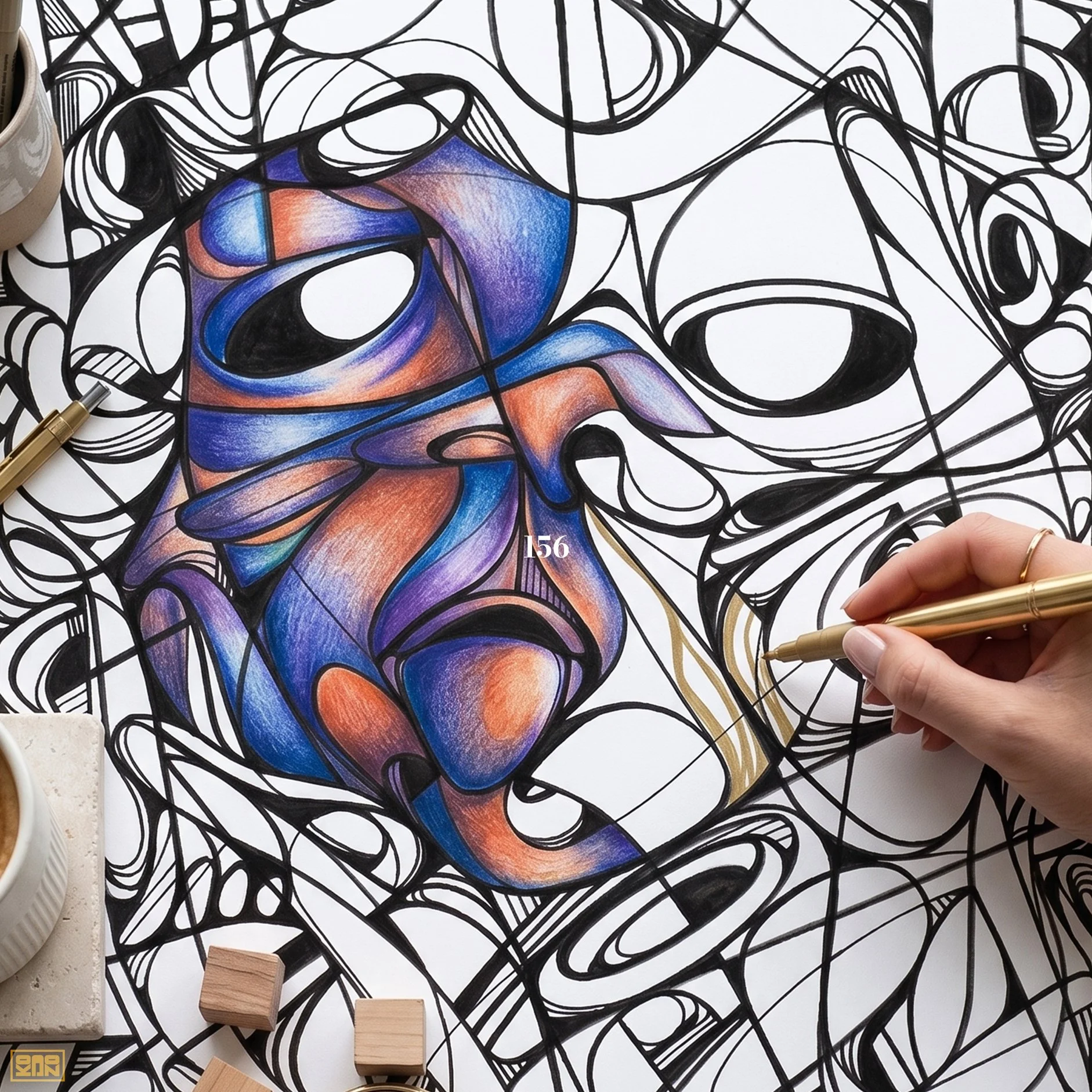 Abstract art with black swirling lines and a colorful face with blue, orange, purple, and black hues being drawn with a gold pen on paper.