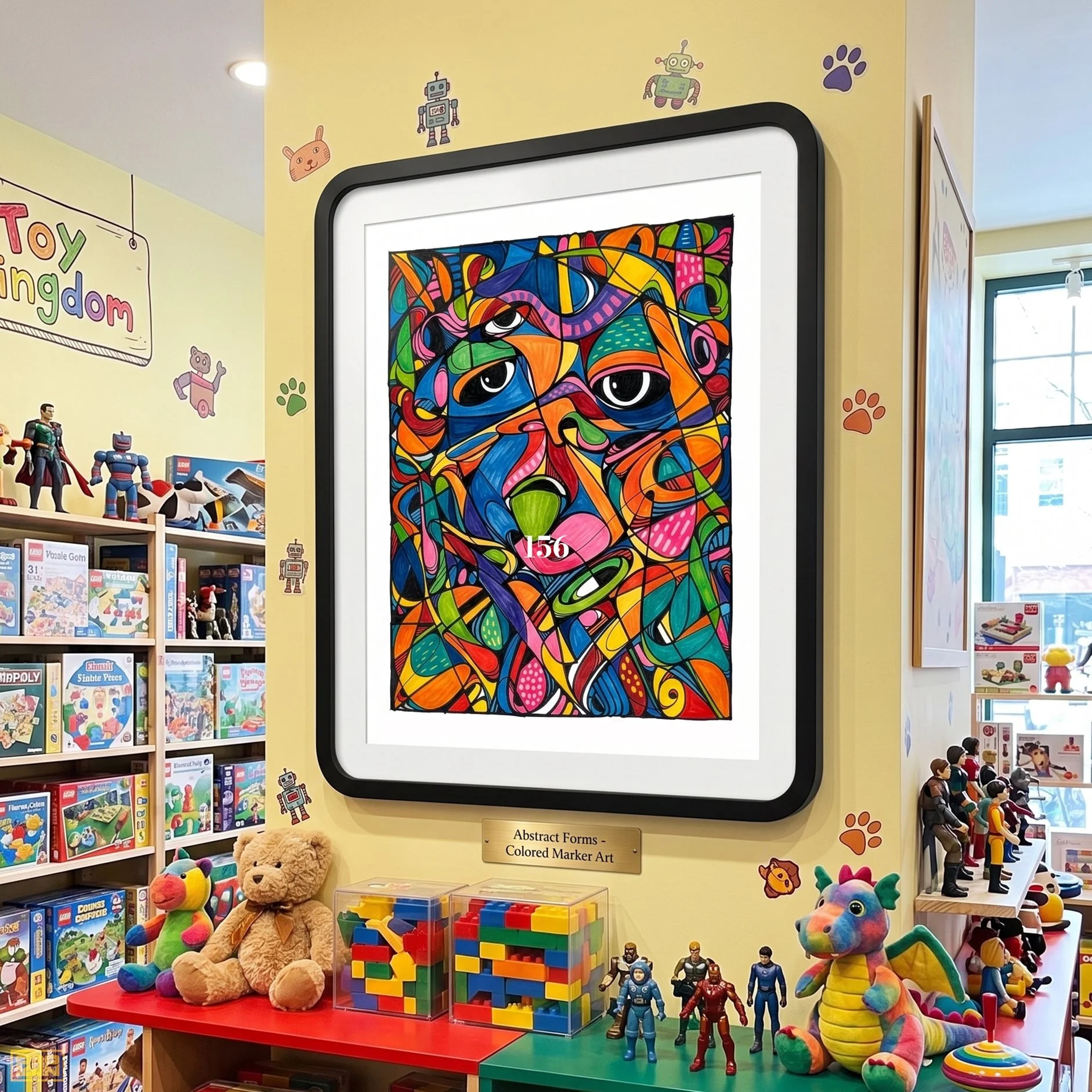 Colorful abstract art of a face made of various shapes and lines on a display board in a toy store, surrounded by toys and plush animals.