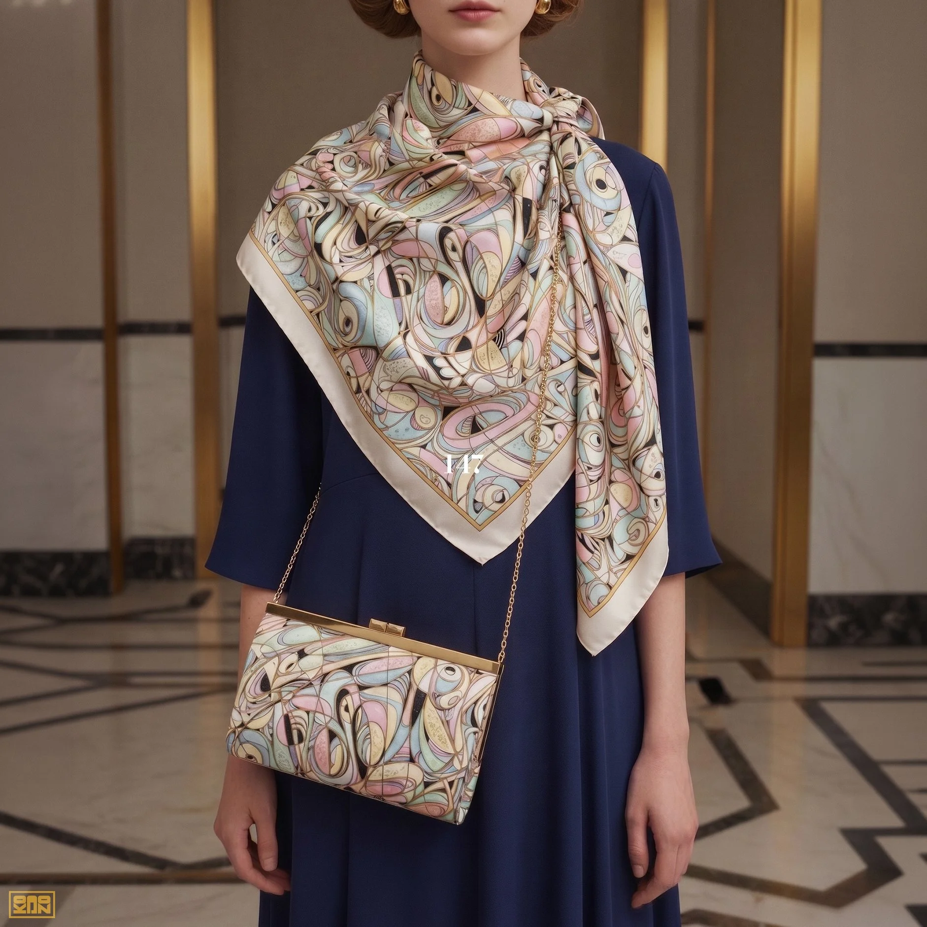 Woman wearing a dark blue dress with a colorful abstract patterned silk scarf around her neck, carrying a matching silk handbag with a gold chain strap, in an elegant indoor setting with gold accents.