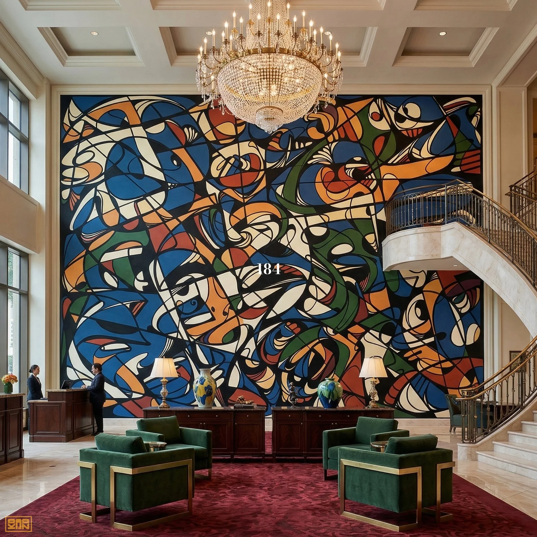 Elegant hotel lobby featuring a large abstract mural on the wall, a grand chandelier hanging from a coffered ceiling, green armchairs around a red carpet, a reception desk with two people, and decorative vases on tables.
