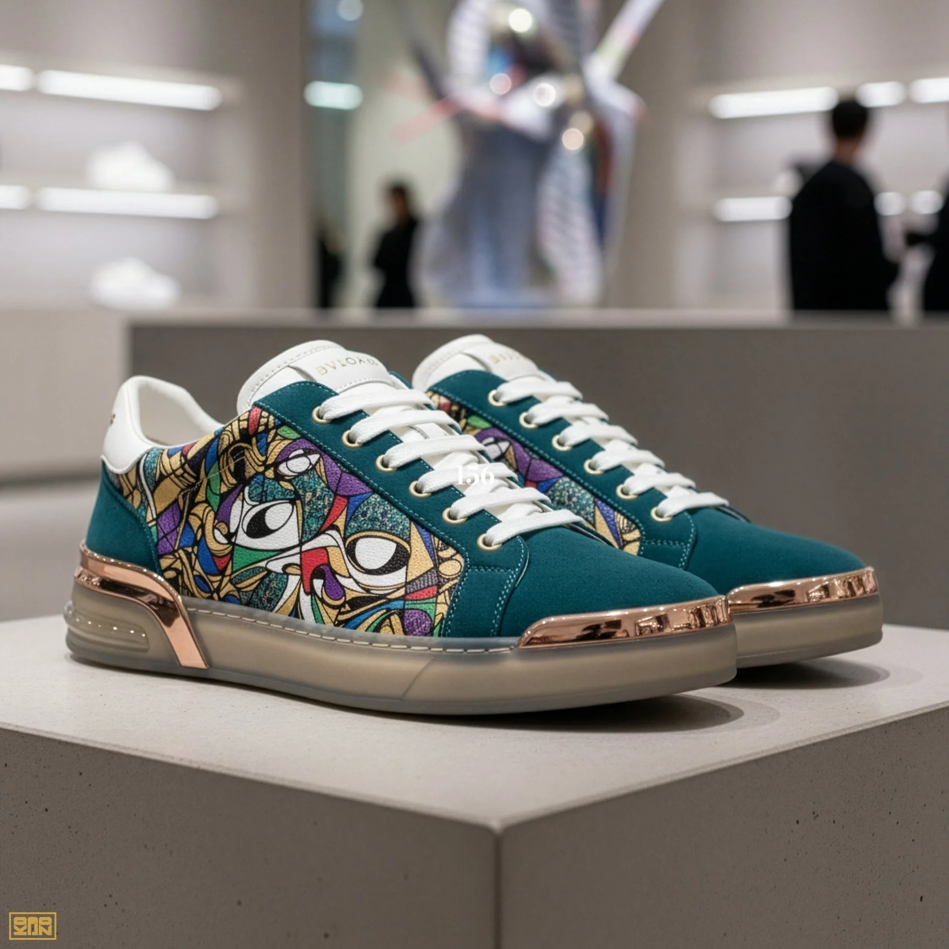 Colorful sneakers with a mosaic-like pattern on the sides, white laces, and a metallic rose gold sole, displayed on a white surface with an art gallery background.