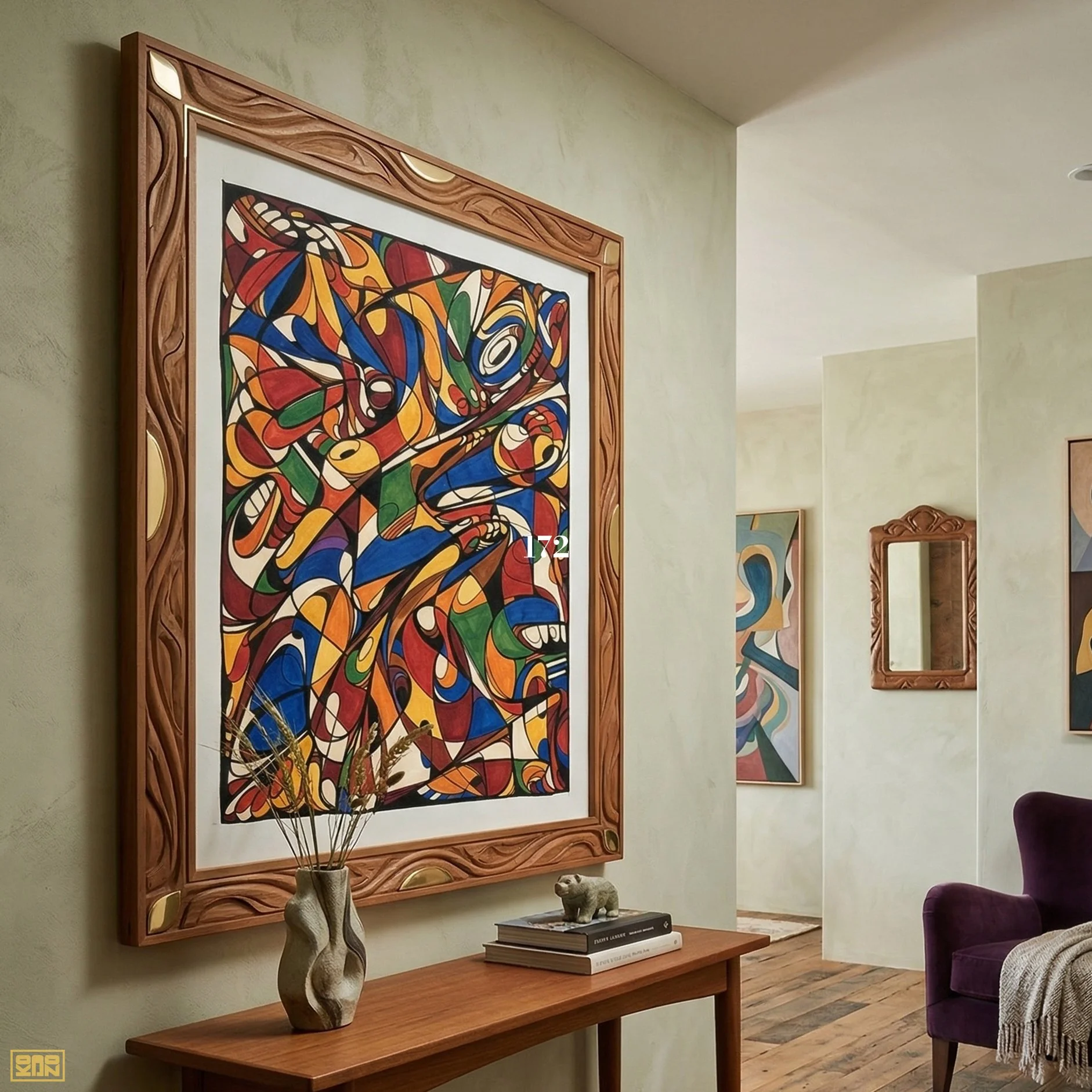 An interior space with a large, colorful abstract painting framed in wood hanging on a green wall. Below the painting, a wooden table holds a decorative sculpture of an elephant and a stack of books. To the right, a purple armchair is partially visible, and there's a framed artwork on the wall further back in the room.