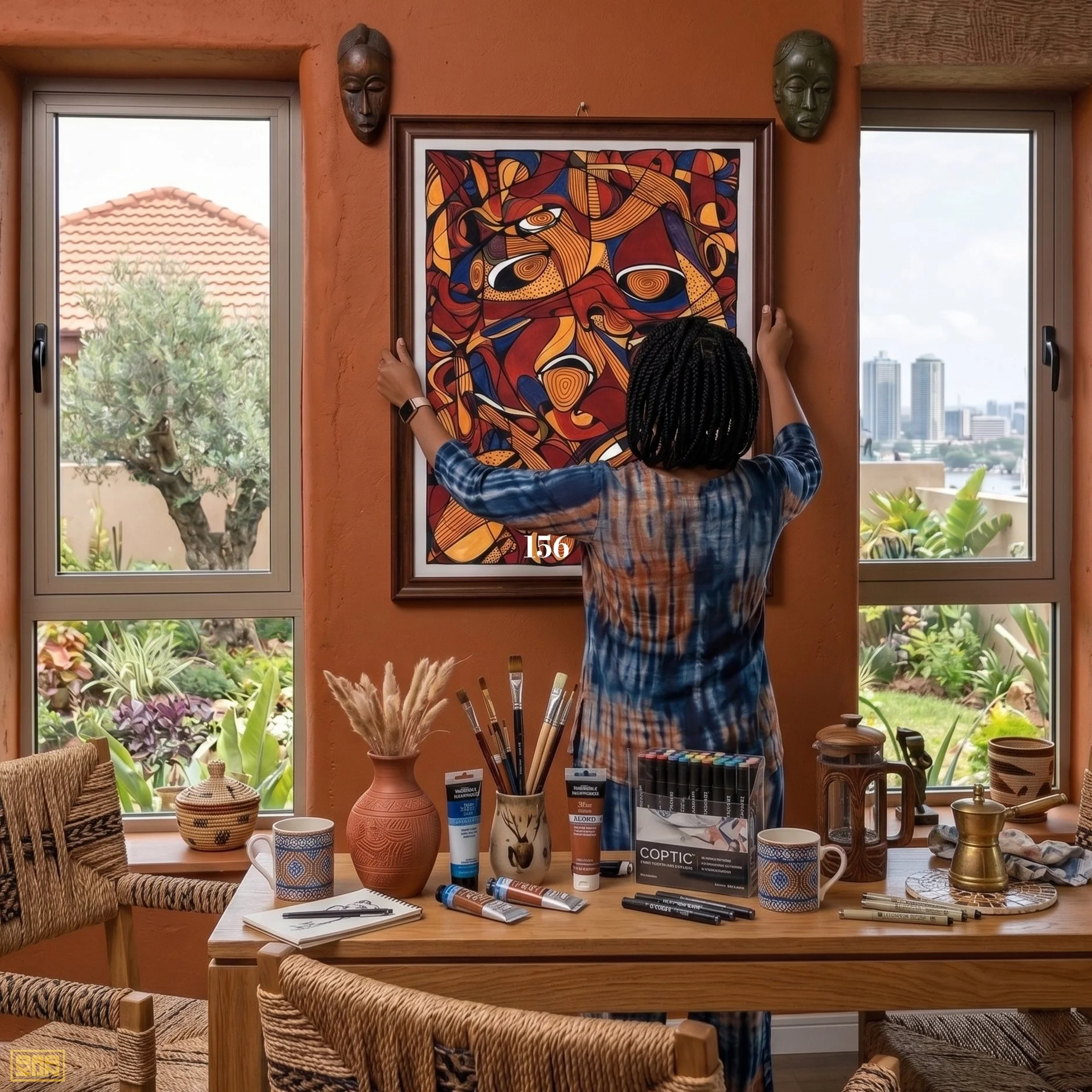 A woman with braided hair and plaid shirt is hanging a colorful abstract painting on an orange wall between two windows. The windows show a view of buildings and a city skyline.