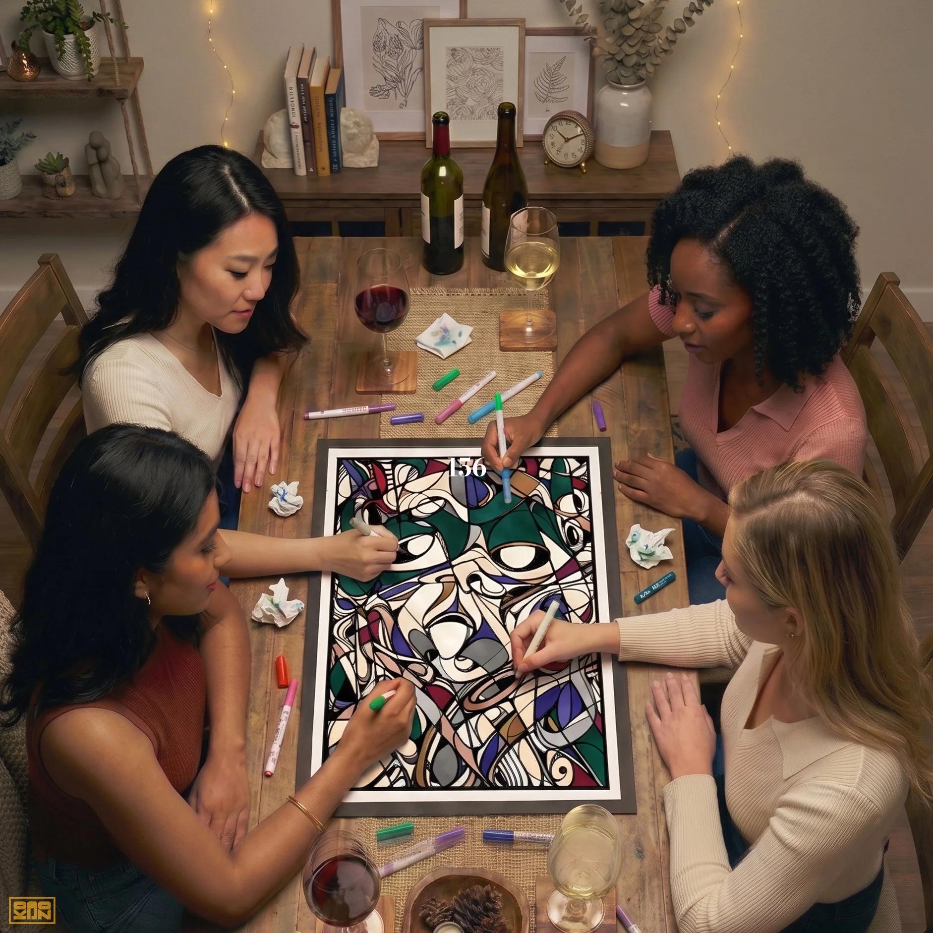 Six women sitting around a wooden dining table, engaged in coloring a large, abstract, colorful art piece with markers, with bottles of wine and glasses of white and red wine on the table. The background includes fairy lights, framed artwork, a clock, decorative vases, and books.