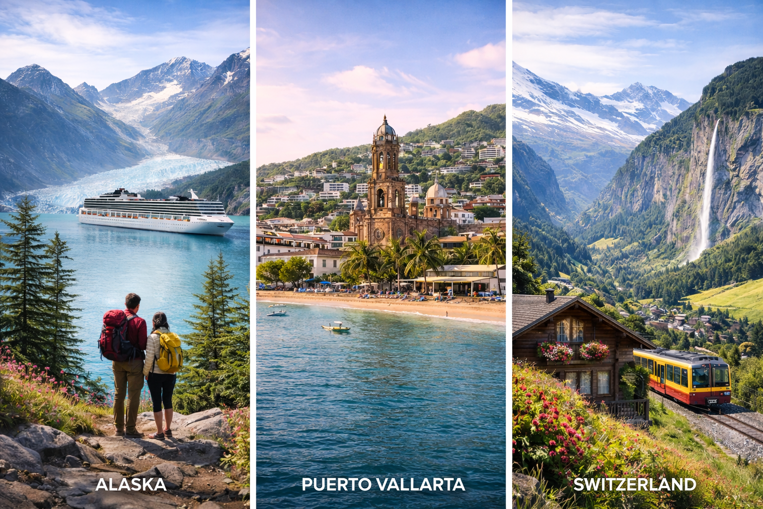 Triptych of travel destinations: Alaska with mountains, glacier, and cruise ship; Puerto Vallarta with beach, church, and palm trees; Switzerland with mountains, waterfall, and train.