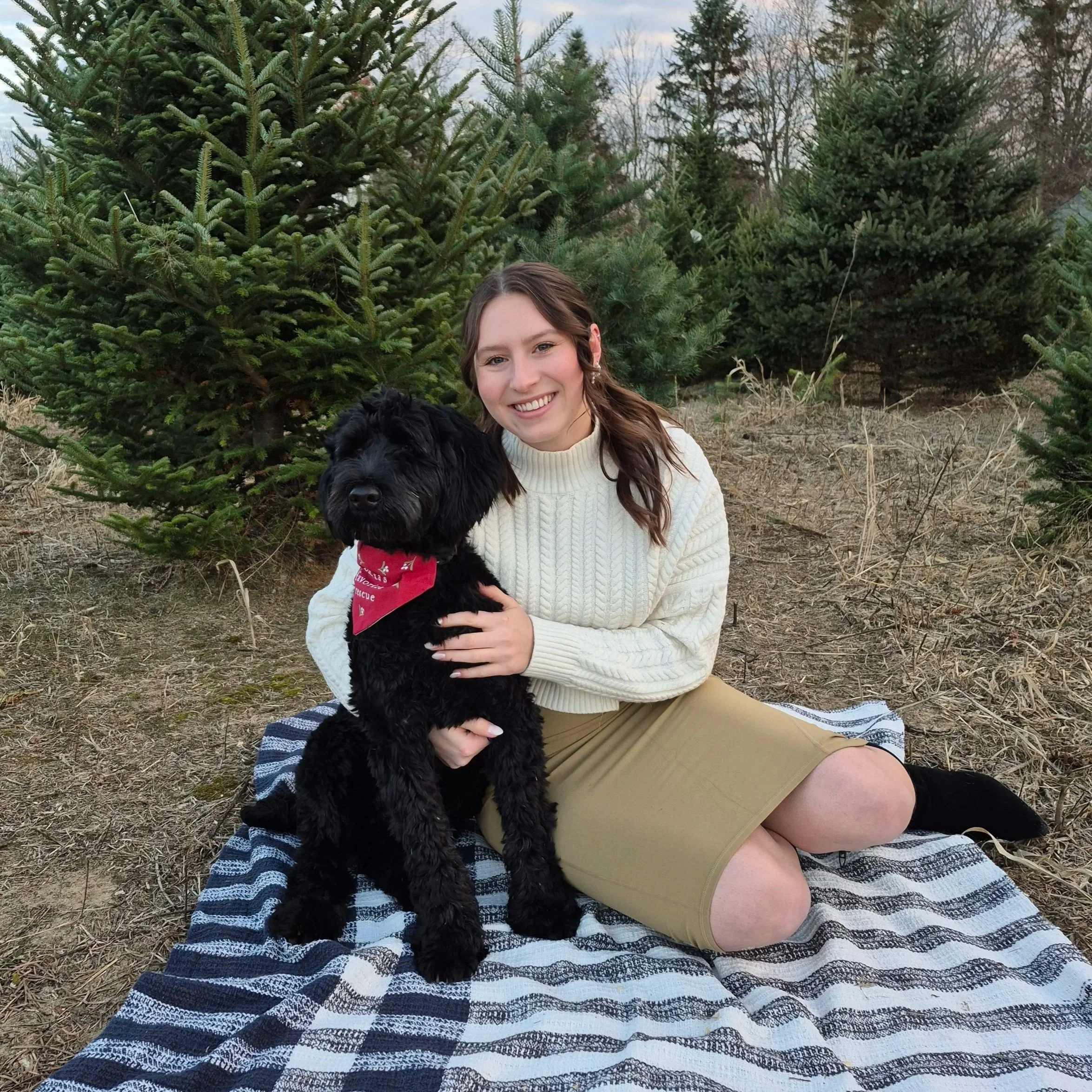 A young woman with long brown hair, wearing a white sweater and a khaki skirt, is sitting on a striped blanket on the ground outdoors, holding a black dog with curly fur and a red bandana. They are in a Christmas tree farm with green evergreen trees in the background.