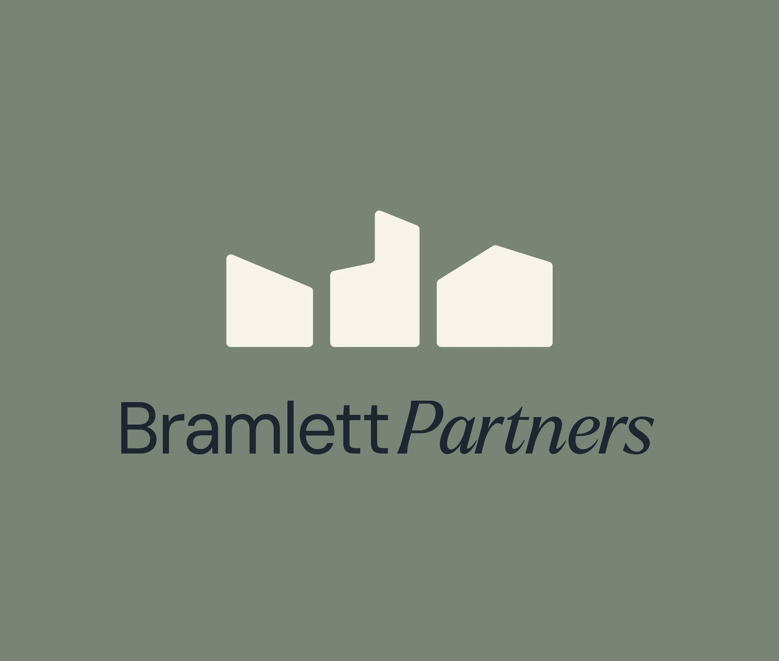 Logo of Bramlett Partners with three white upward-pointing bars on a green background