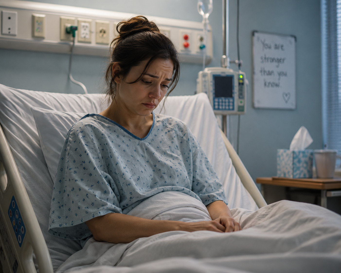 A woman sitting on a hospital bed, looking worried or upset. She is wearing a hospital gown and is in a medical room with equipment in the background.