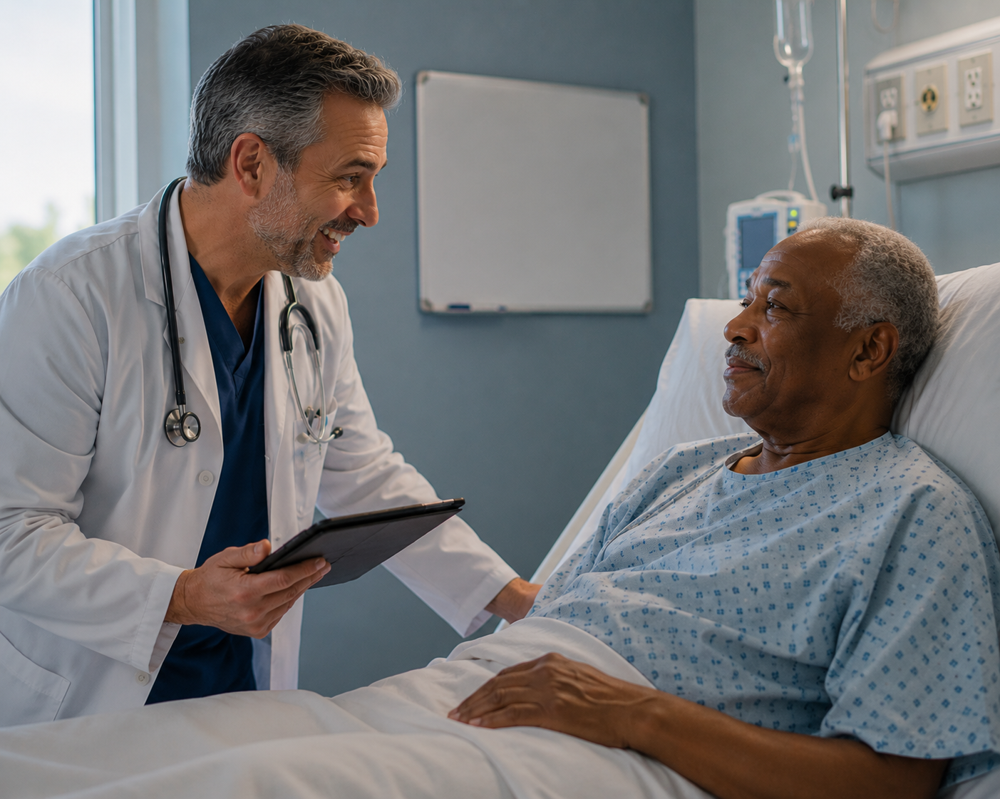 A doctor in a white coat and stethoscope talking to a patient in a hospital bed, holding a tablet and smiling.