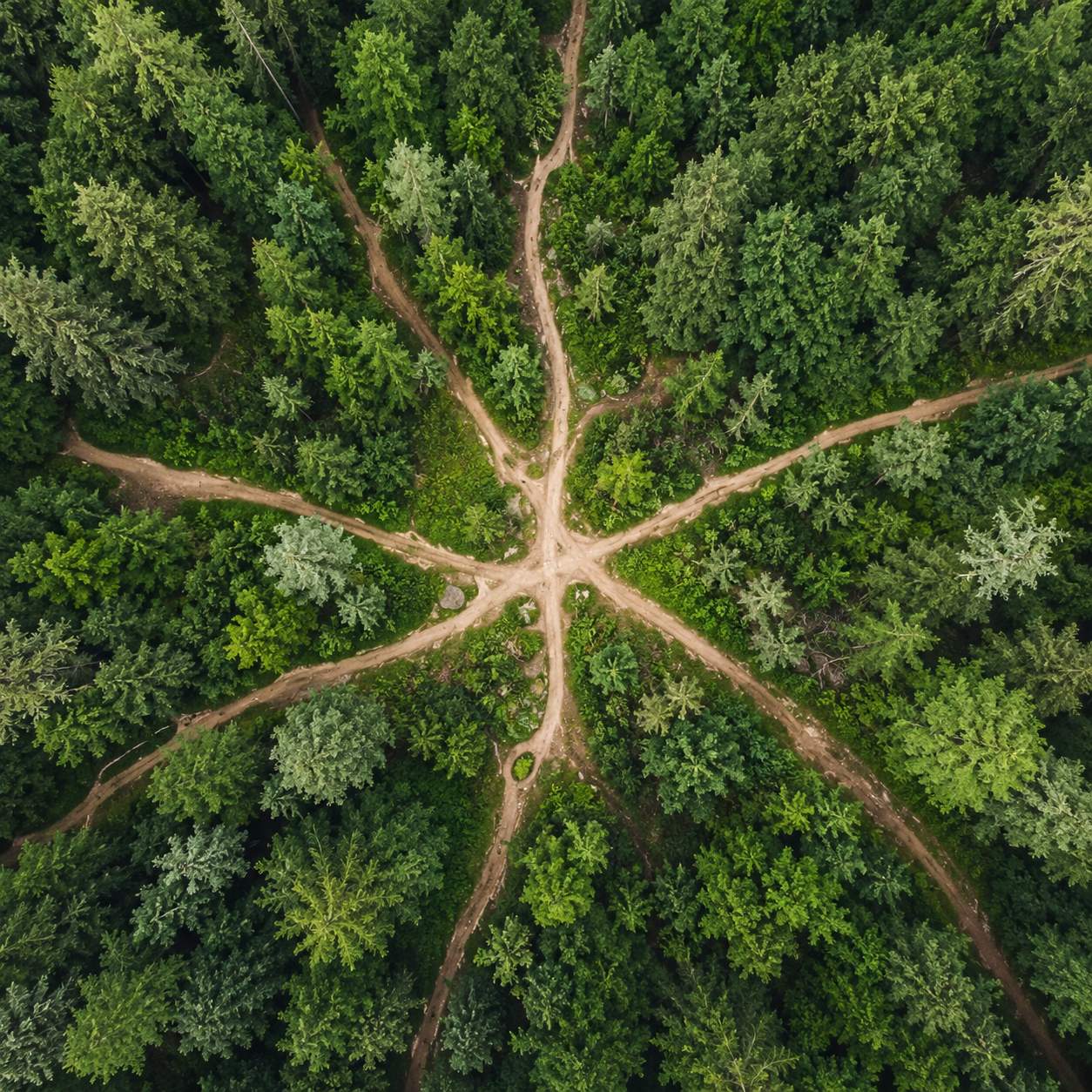 Aerial view of a forest with multiple dirt paths radiating from a central point, surrounded by dense green trees.