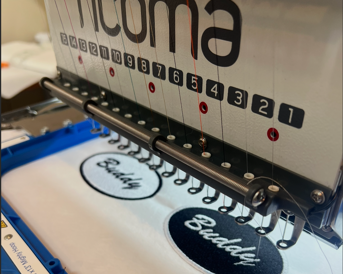 An embroidery machine stitching patches on a Ricoma computerized embroidery machine