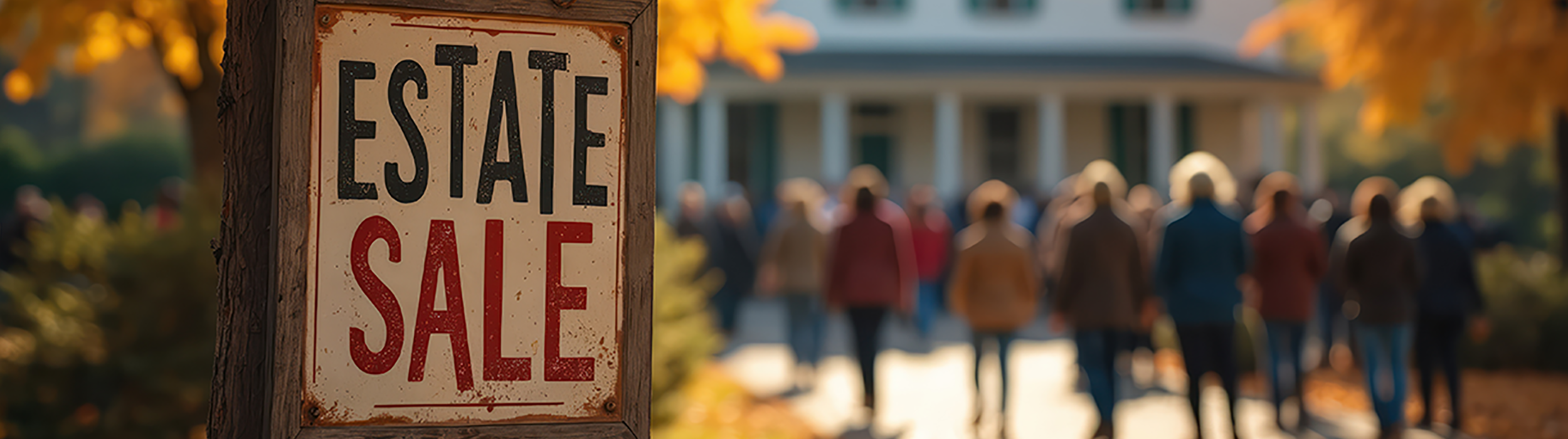 A rustic sign that reads 'Estate Sale' in black and red lettering, with a house in the background and a group of people gathered outside during fall.