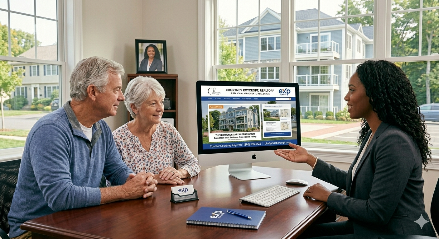 A real estate agent showing a property listing on her computer to an older couple in a bright, modern room with large windows and a neighborhood view outside.