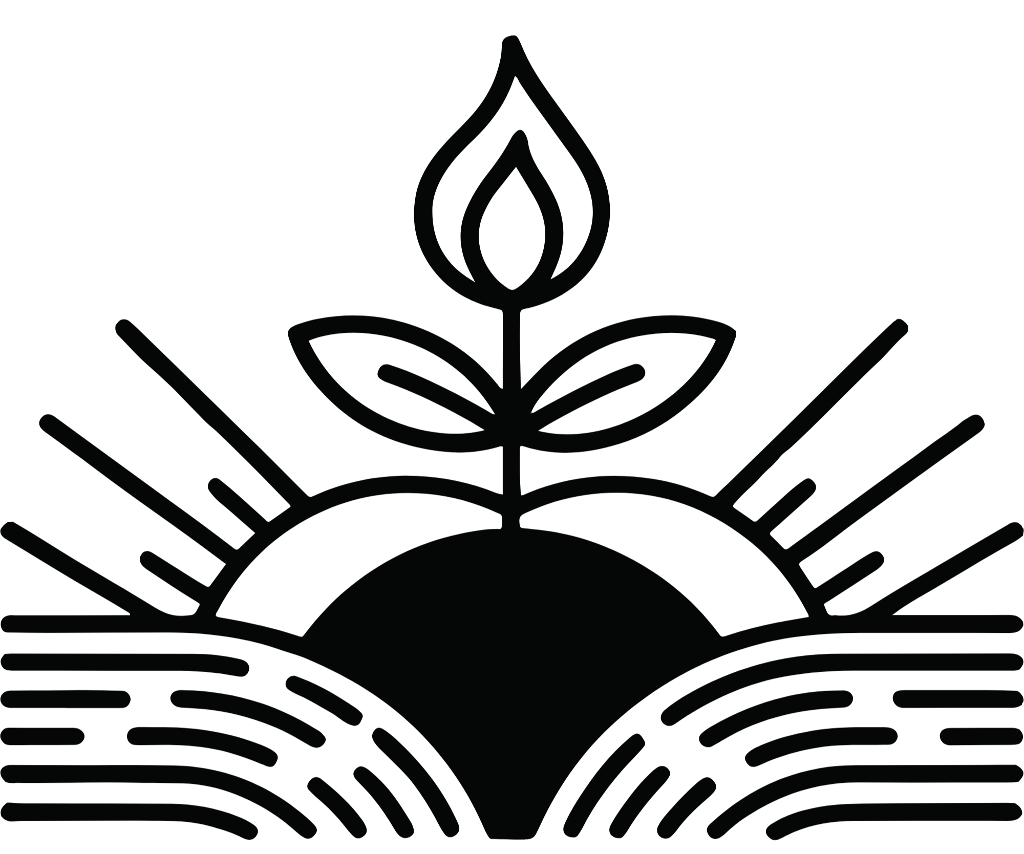Line art of a plant with a single leaf, growing from a mound of soil, with a circular dotted line beneath, representing growth or life cycle.