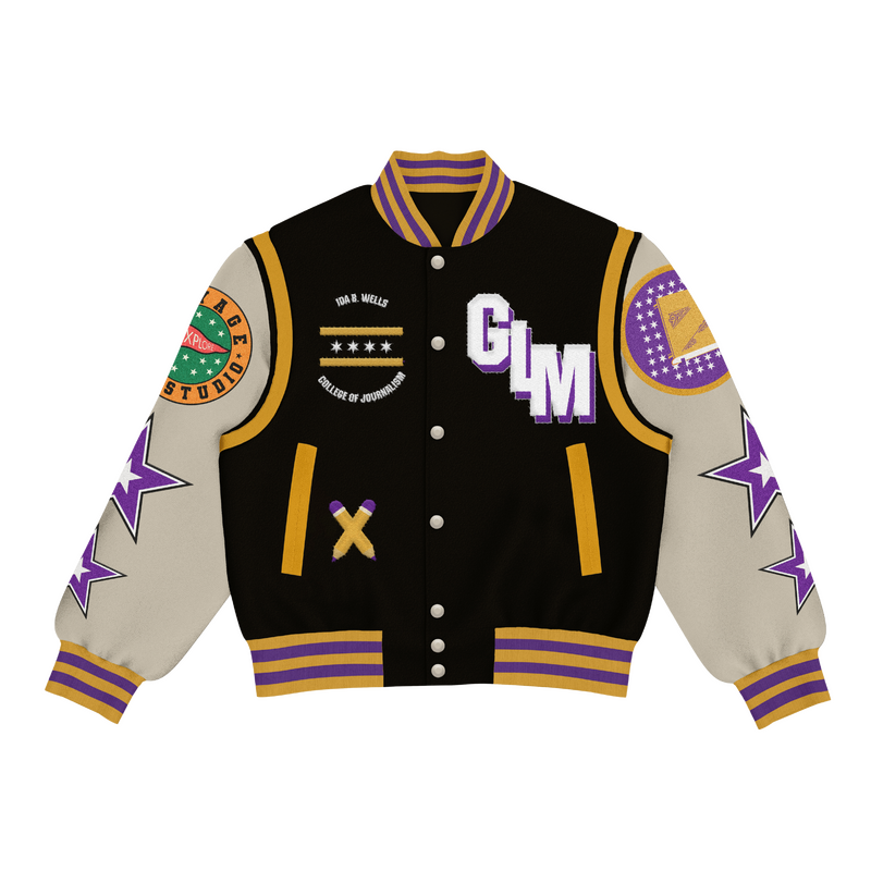 Girls Like Me black letterman jacket.