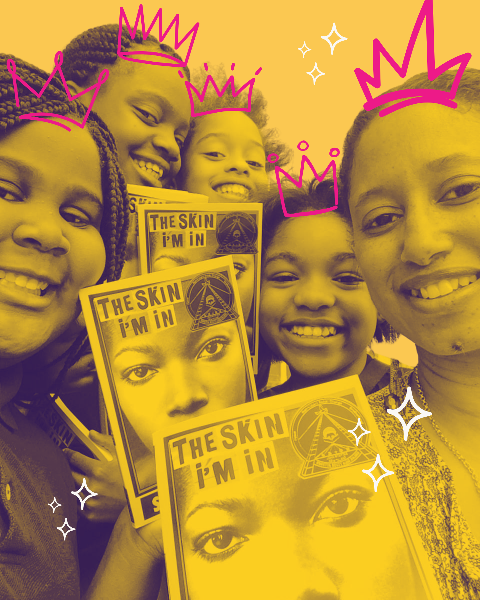 Young girls smiling and holding up a booklet labeled, "The Skin I'm In"