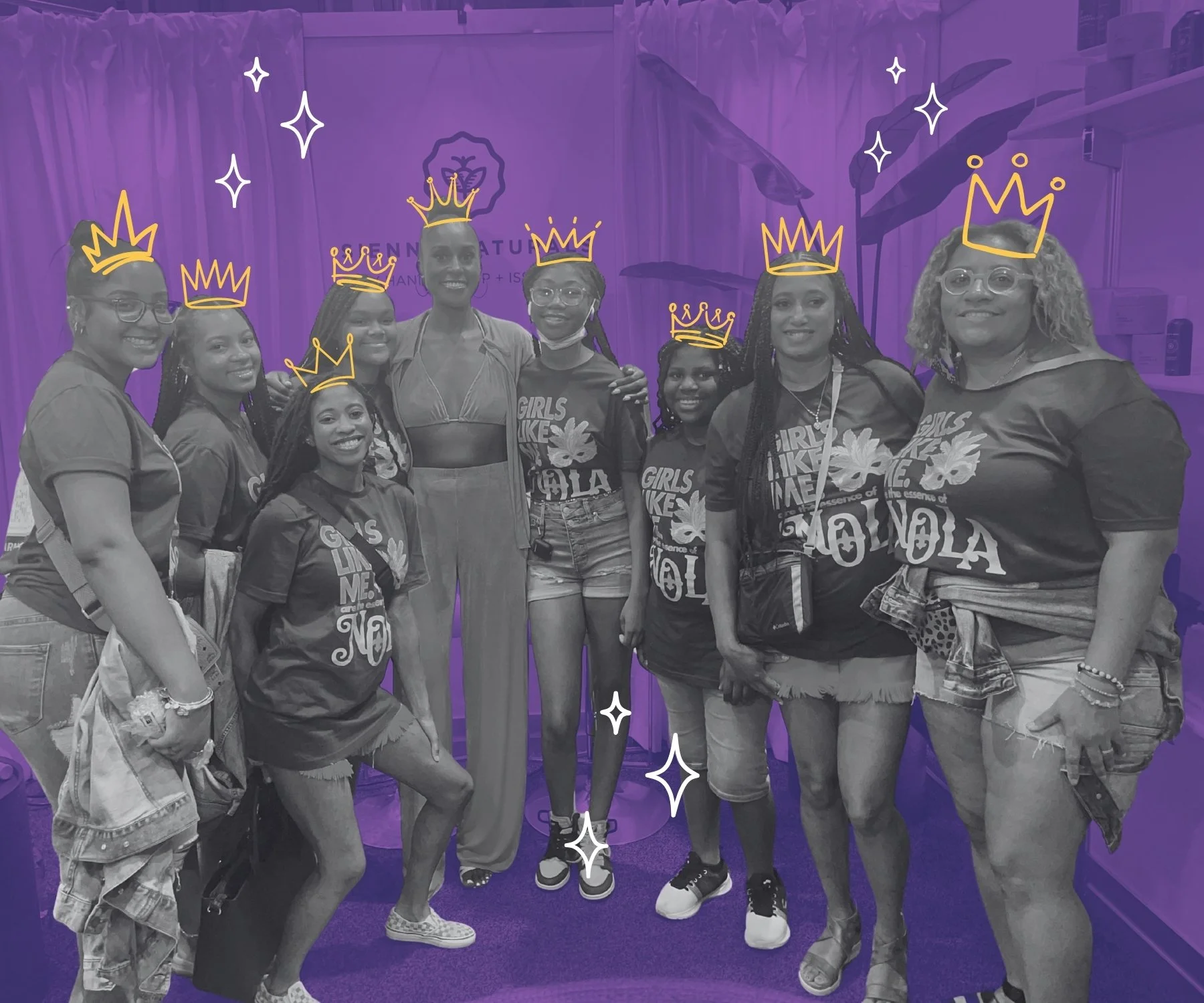 Program leaders and young girls with celebrity, Issa Raye.