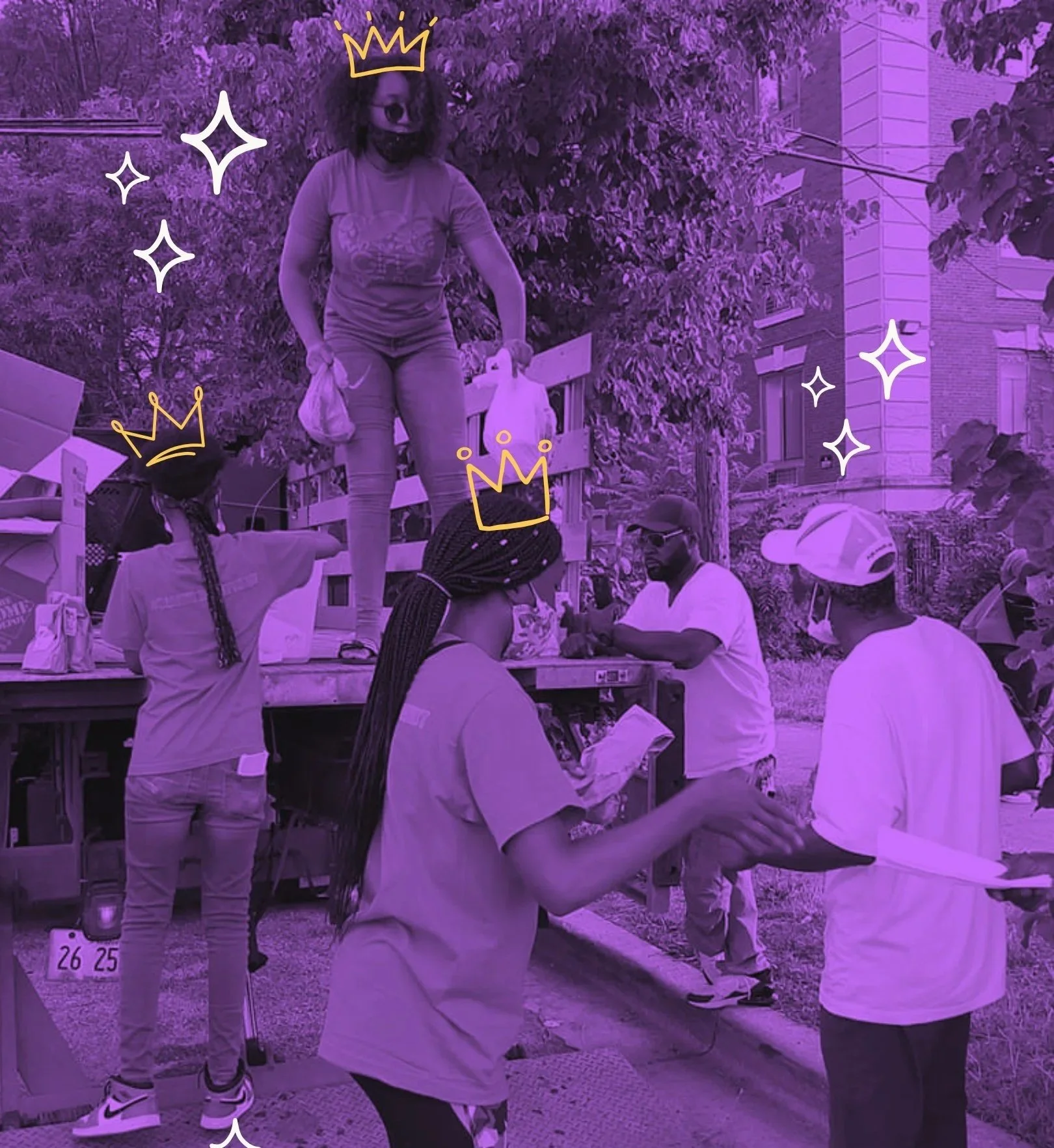 Group of people at a voting or event booth, some with hats and caps, engaging in conversation, with a woman in the center handing out or receiving an item, and trees and buildings in the background. The image has digital doodles of crowns and sparkles added.