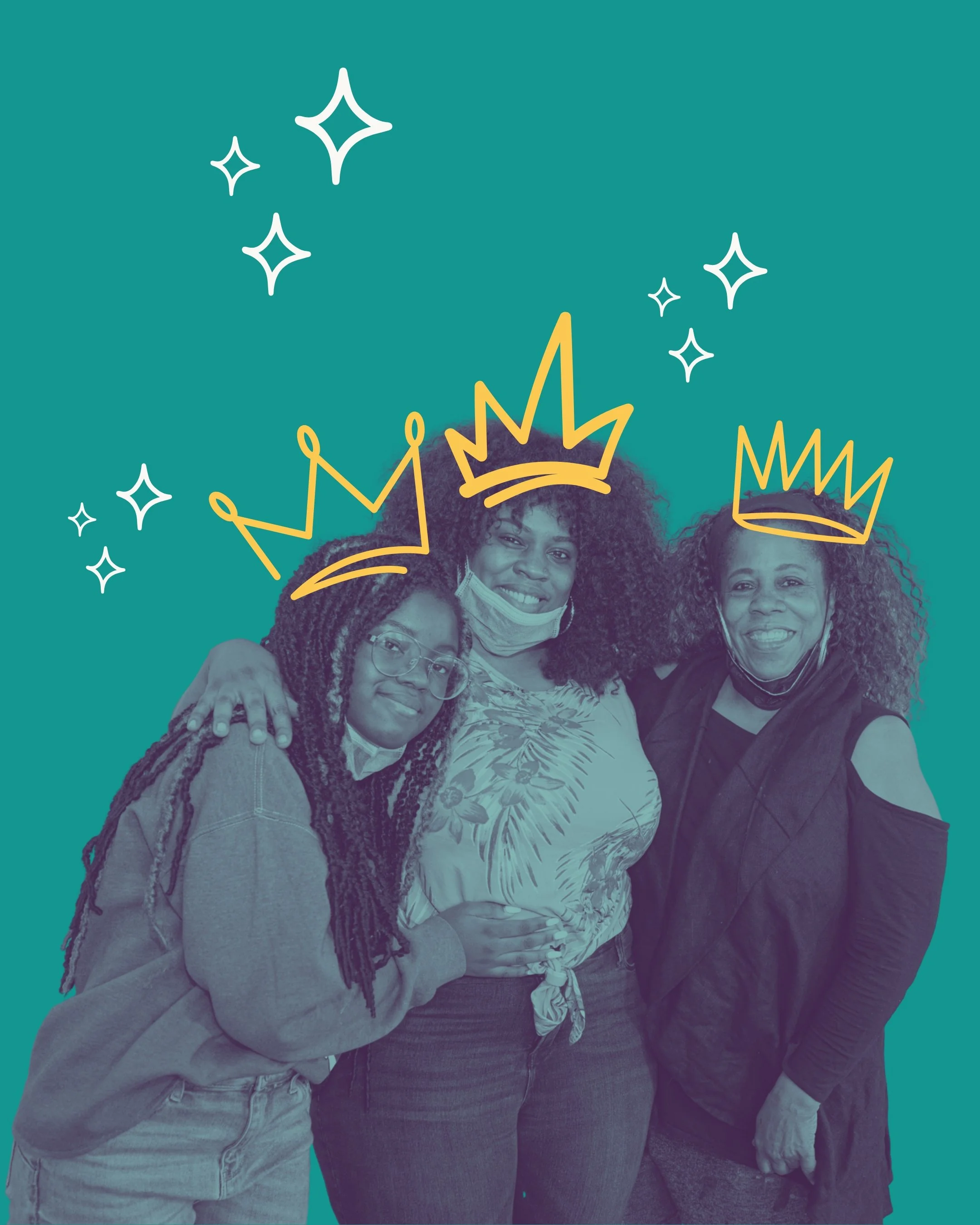 Grandmother, Mother, and Daughter smiling and embracing eachother.