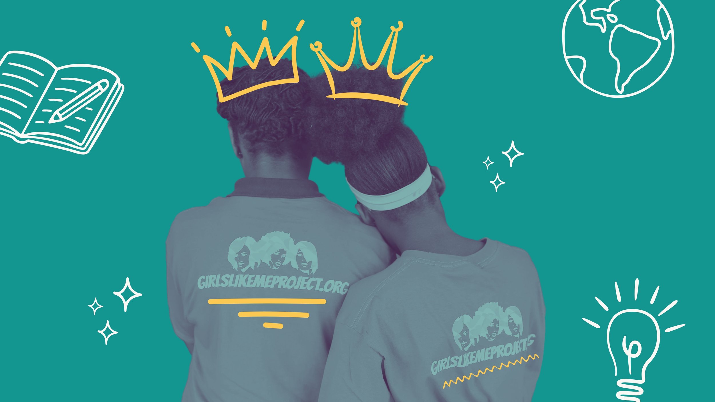 Two young girls hugging with Girls Like Me organization shirts on.